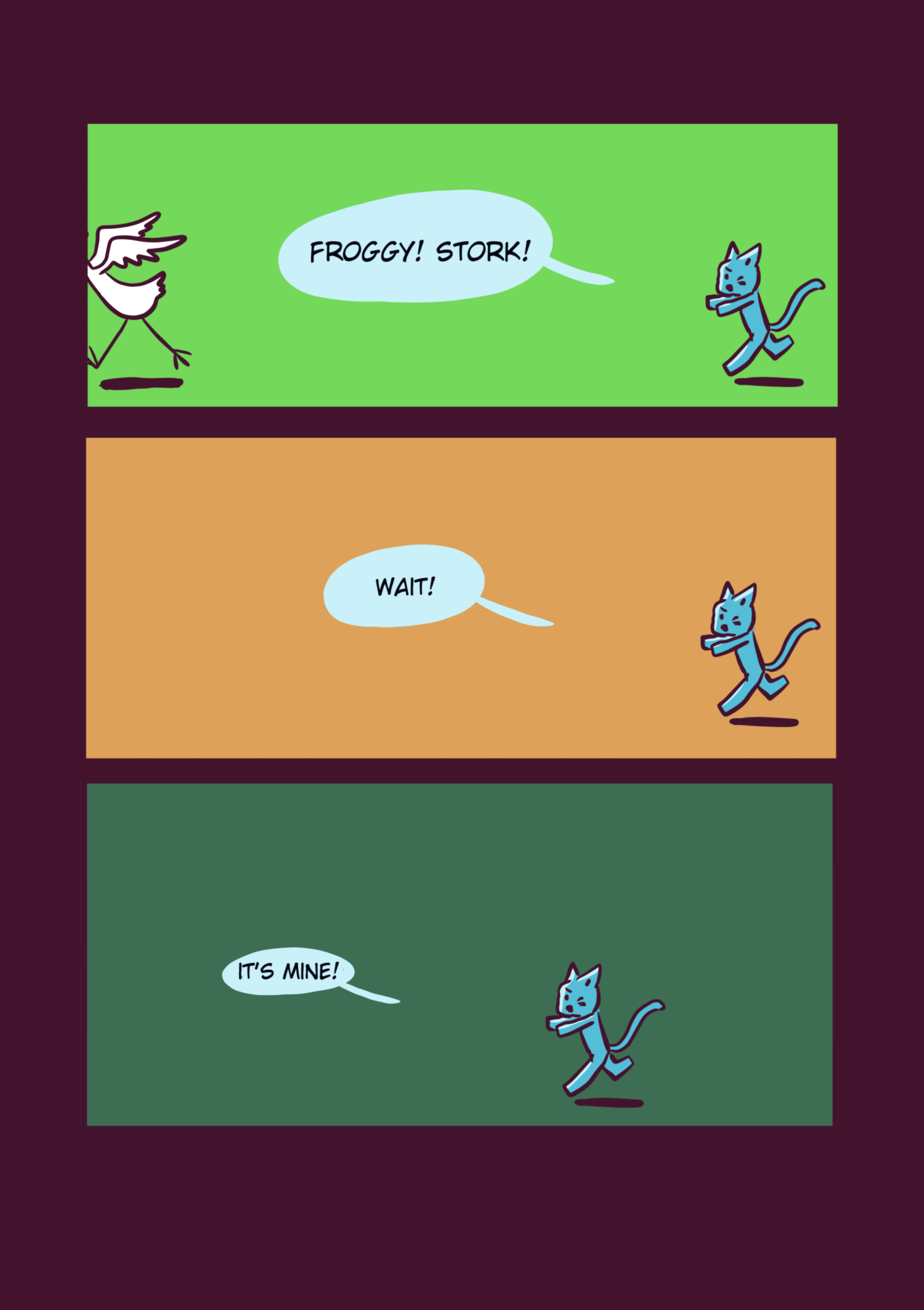 High-action panels showing a stork flying away with a heart in its beak while the blue cat runs behind, crying in desperation.