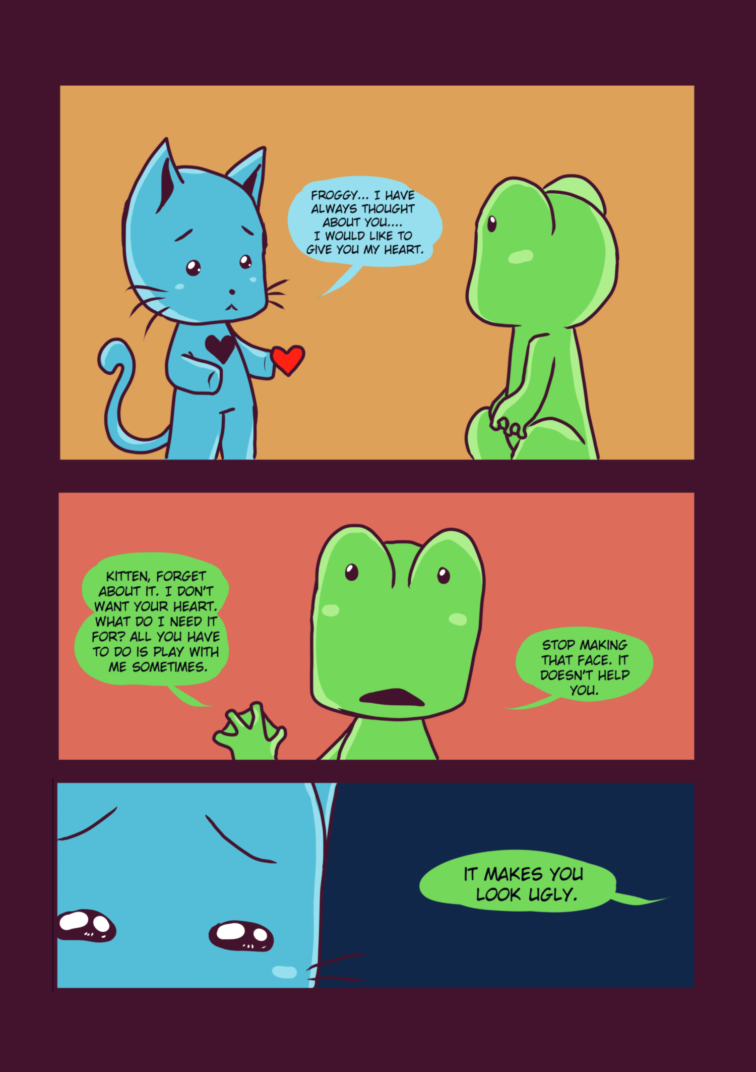 A three-panel comic strip where a small blue cat offers a red heart to a green frog, only to be harshly rejected.