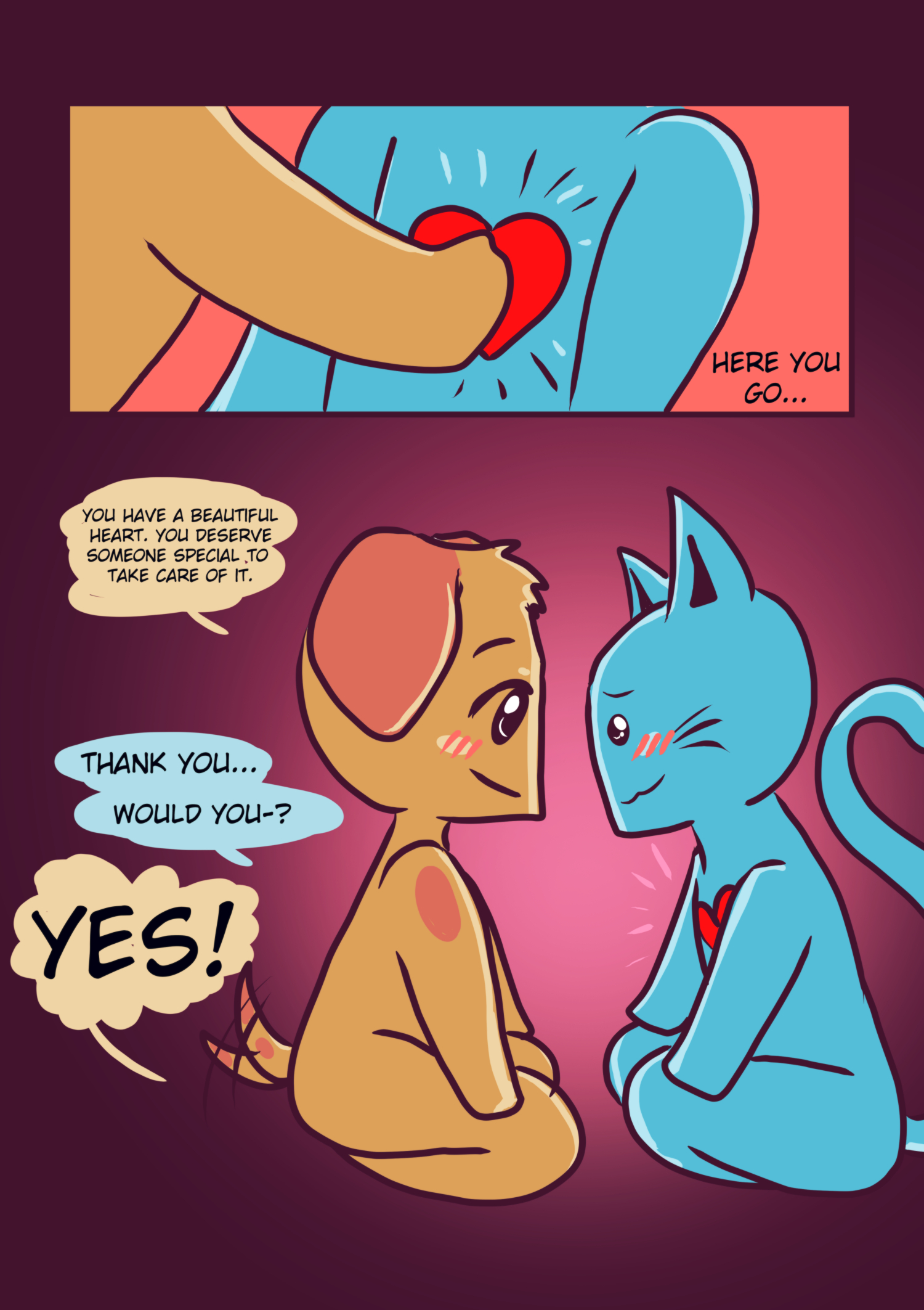 A kind dog character returns the heart to the cat, promising to protect his feelings in a touching final embrace.