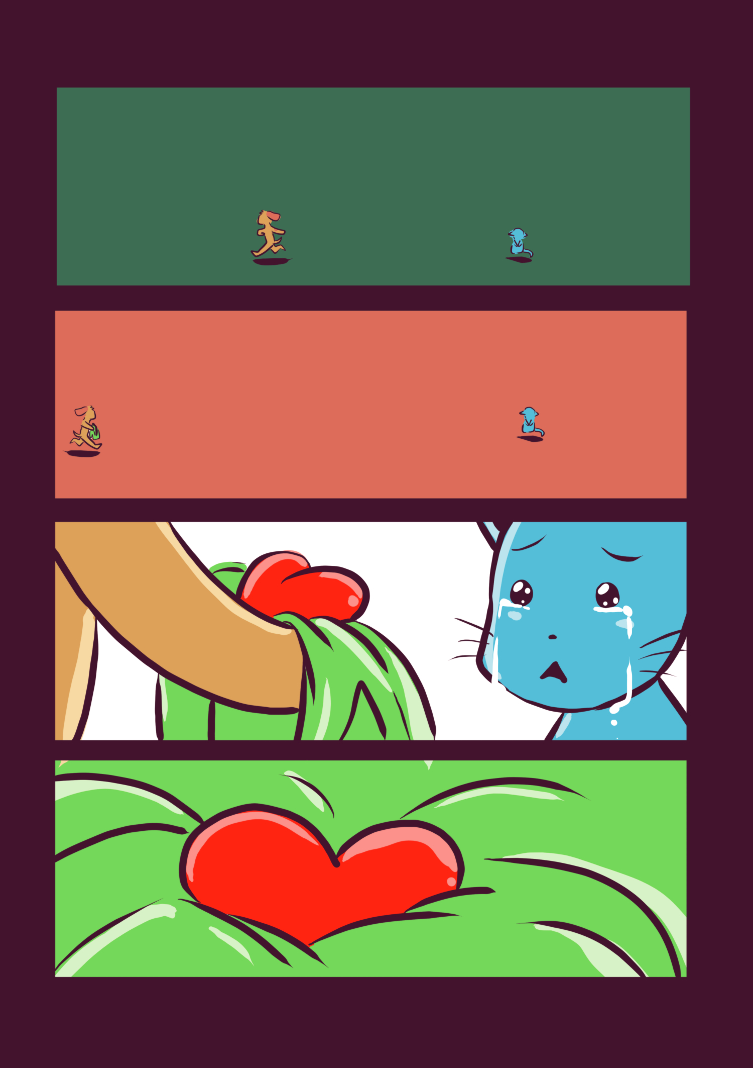 A kind dog character returns the heart to the cat, promising to protect his feelings in a touching final embrace.