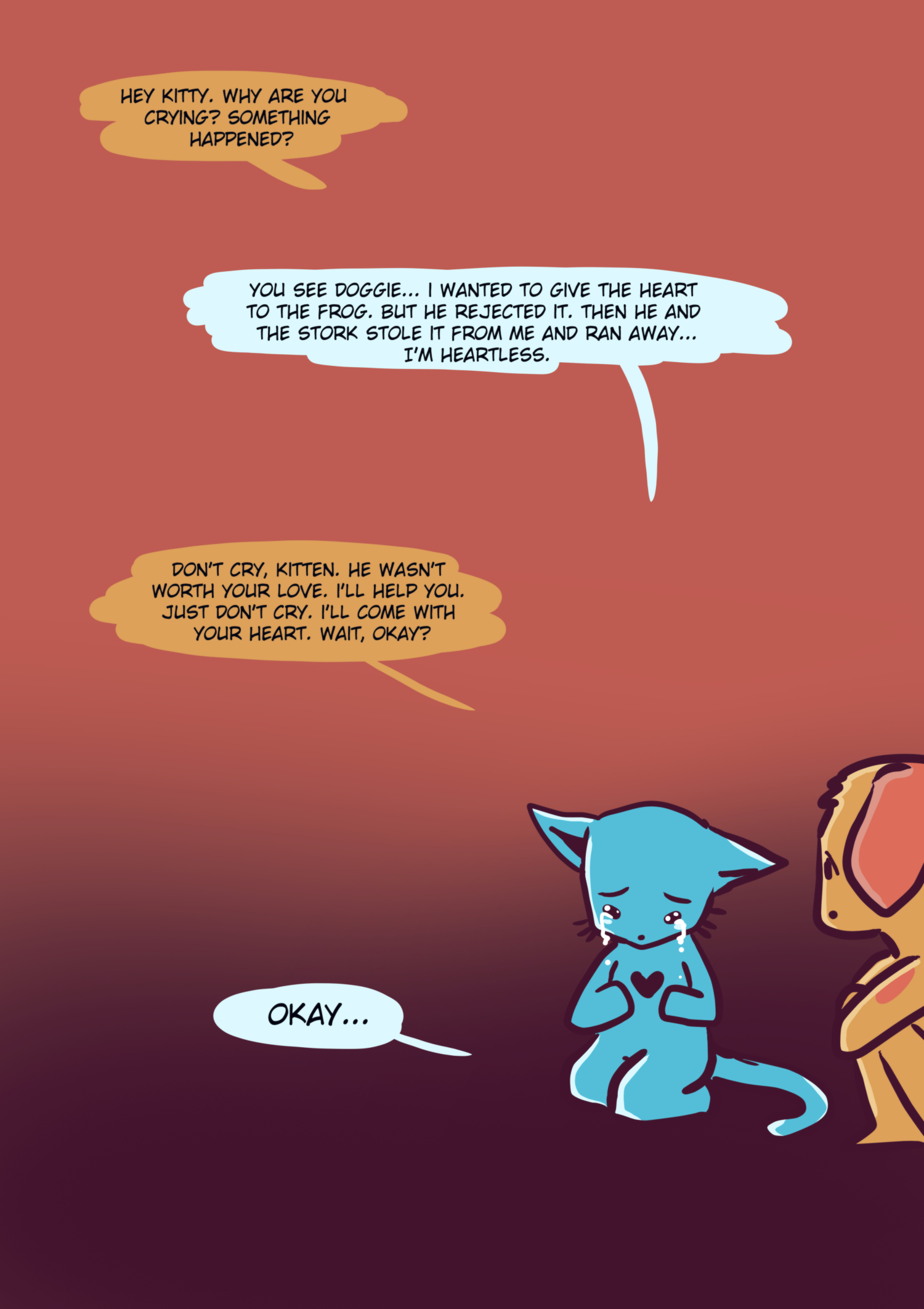 A heartbreaking scene of the blue cat kneeling alone in the dark, with a black void in his chest where his heart used to be.