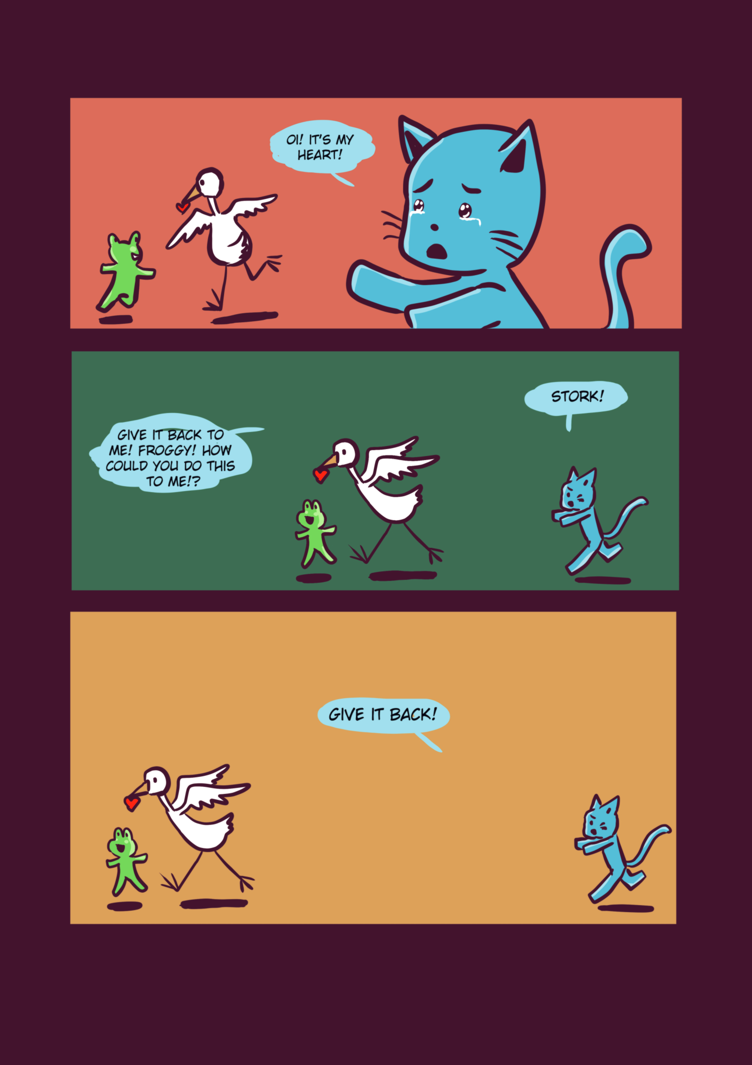 A stork and a frog whispering and mocking the sad blue cat, planning to steal his heart because they find his emotions "annoying."