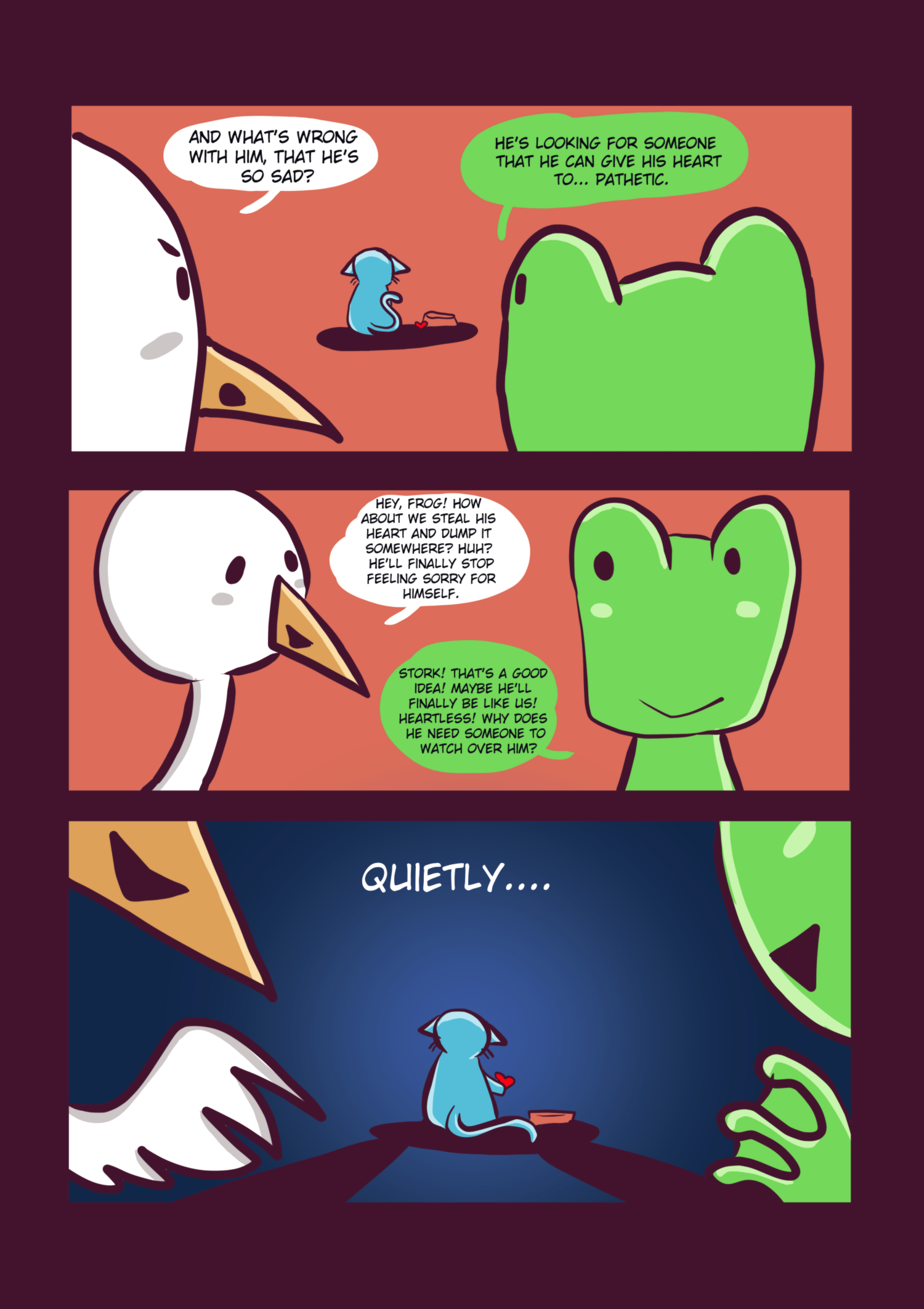 A stork and a frog whispering and mocking the sad blue cat, planning to steal his heart because they find his emotions "annoying."