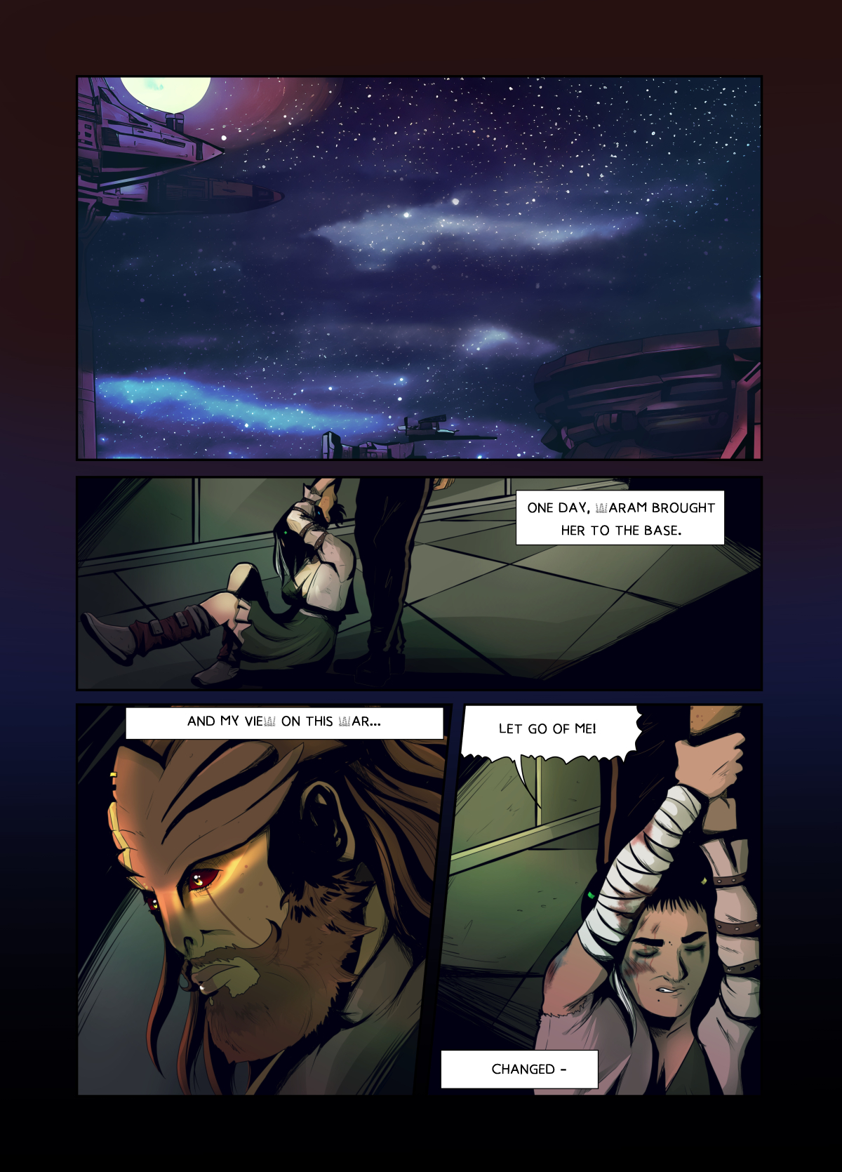 A scene in a dark room. A tall bearded man with glowing red eyes looks at a wounded, bound woman lying on the floor. The woman shouts "Let me go!". Starry sky in the background.