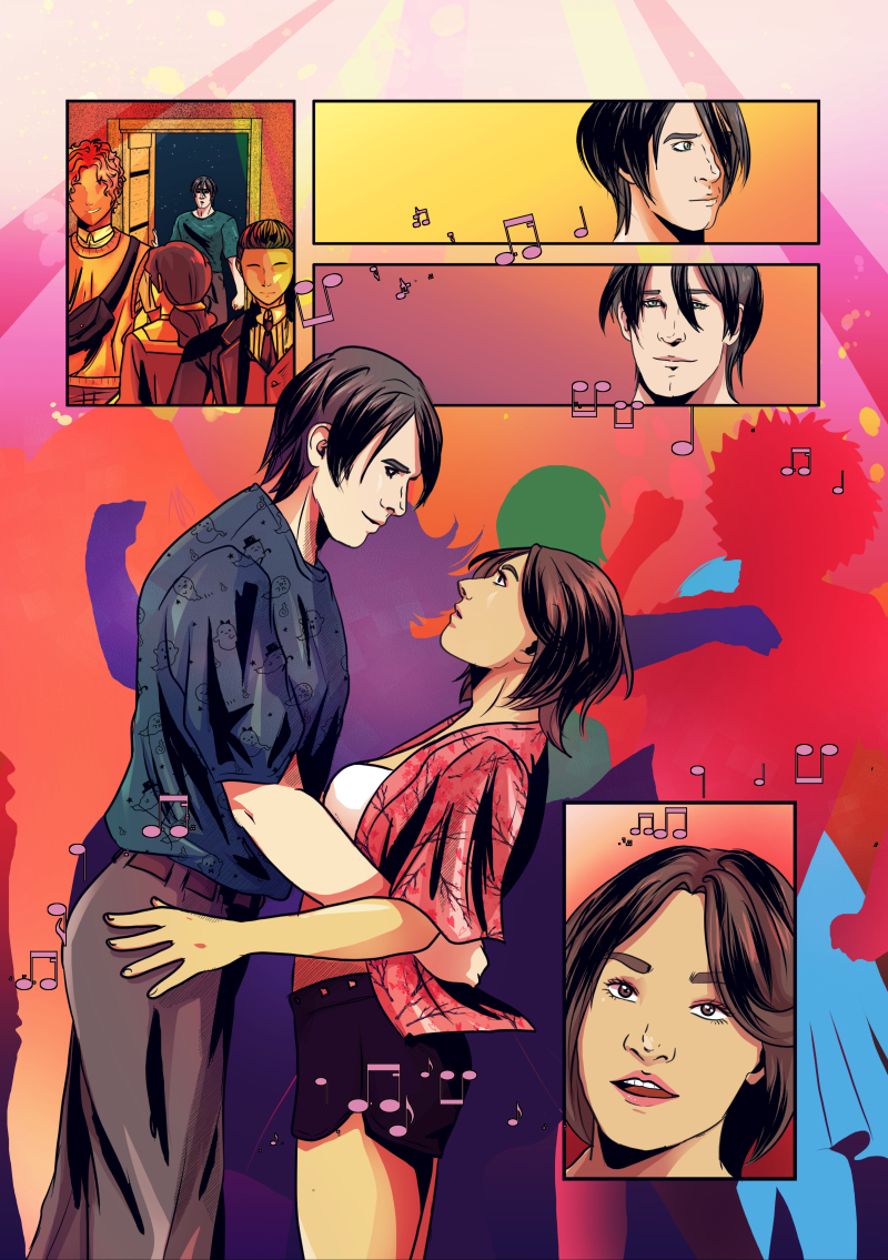 A romantic and colorful comic panel of Lidia and Anthony finally meeting at the club. They are dancing closely, staring into each other's eyes amidst a swirl of warm colors and music notes.