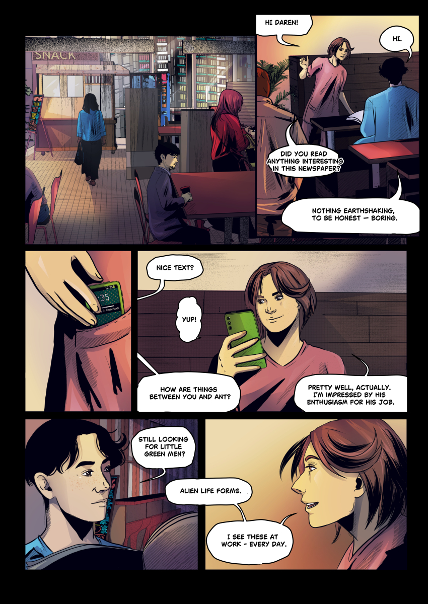 Lidia and her colleague Daren having a coffee break in a modern cafeteria. Lidia smiles at a text on her phone while they discuss her boyfriend, Ant, and his obsession with "alien life forms."