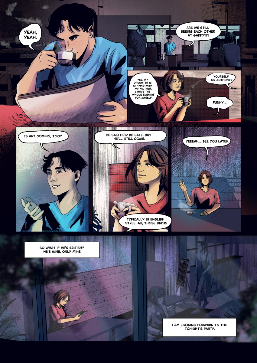 Comic panels showing Lidia and Daren planning a night out. The scene ends with a solitary shot of Lidia sitting alone at a table in the blue light of dusk, looking at her phone with a longing expression.