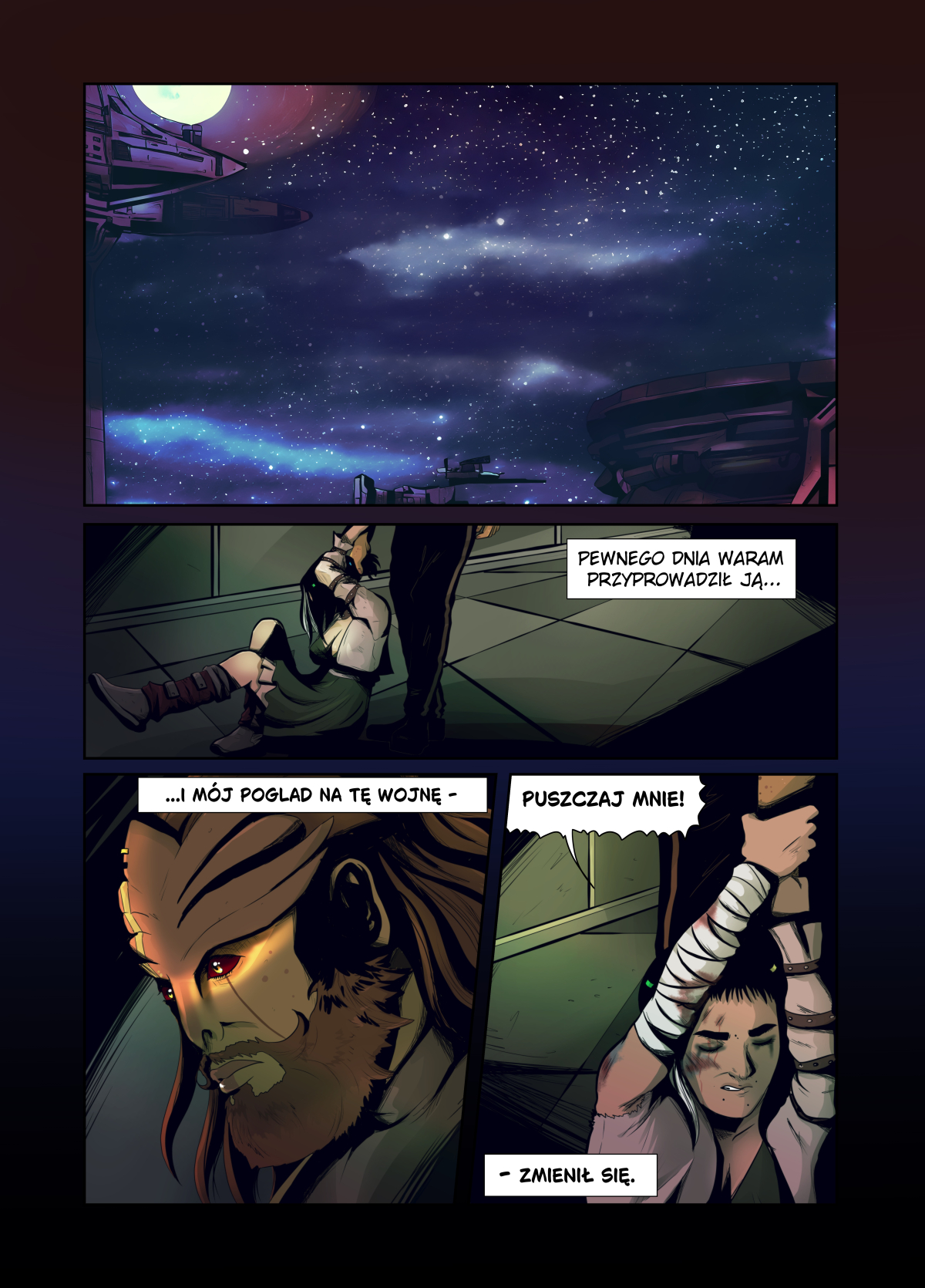 Scena w ciemnym pomieszczeniu. Wysoki mężczyzna z brodą i świecącymi czerwonymi oczami patrzy na ranną, związaną kobietę leżącą na ziemi. Kobieta krzyczy „Puszczaj mnie!”. W tle gwieździste niebo.