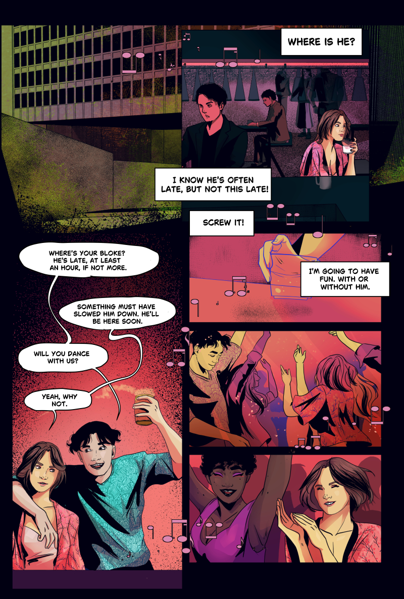 A vibrant, neon-lit comic page in shades of pink and purple. Lidia is at a club with friends, trying to enjoy the music but looking anxious as she checks her phone for her missing boyfriend, Anthony.