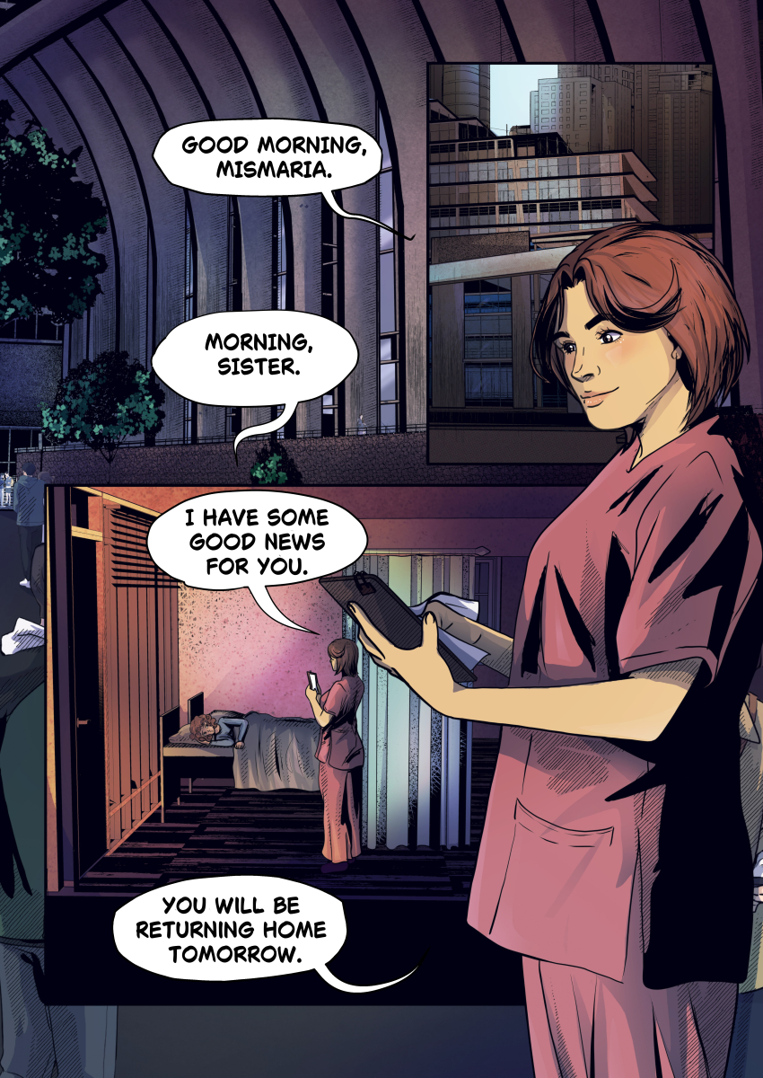 A comic page showing Lidia, a young nurse in pink scrubs, working in a modern, moody hospital. She is talking to an elderly patient, Mrs. Maria, telling her she can go home tomorrow. The high, brutalist architecture of the building looms in the background at dusk.