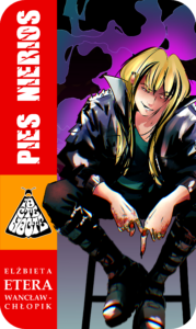 Okładka komiksu Pies Niebios, Tiramis w skórzanej kurtce i glanach z zakrwawionymi dłońmi, siedzący na krześle, autorka Elżbieta Etera Wancław-Chłopik, mroczne urban fantasy.