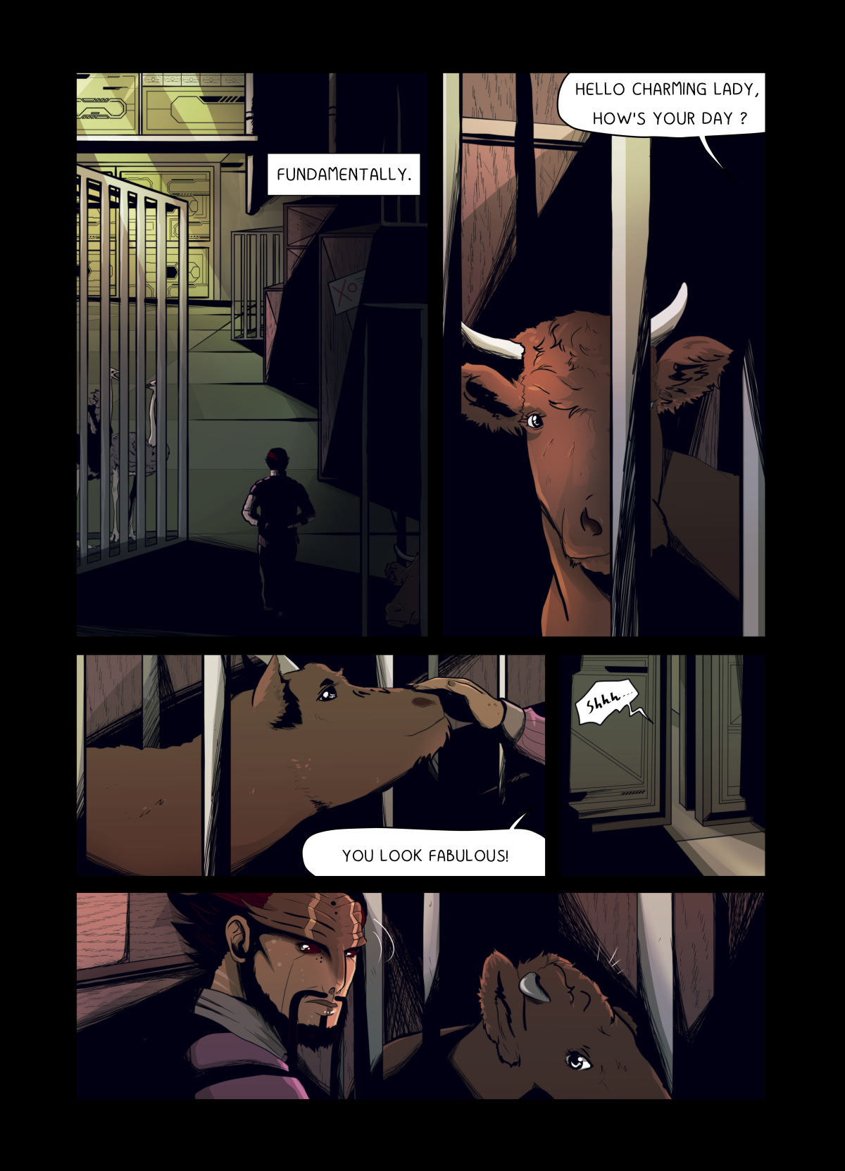Panels showing a man visiting animals in cages. A cow named Krasula and ostriches are visible. The man strokes the cow through the bars, saying "You look beautiful today". Mysterious atmosphere, dark interiors.