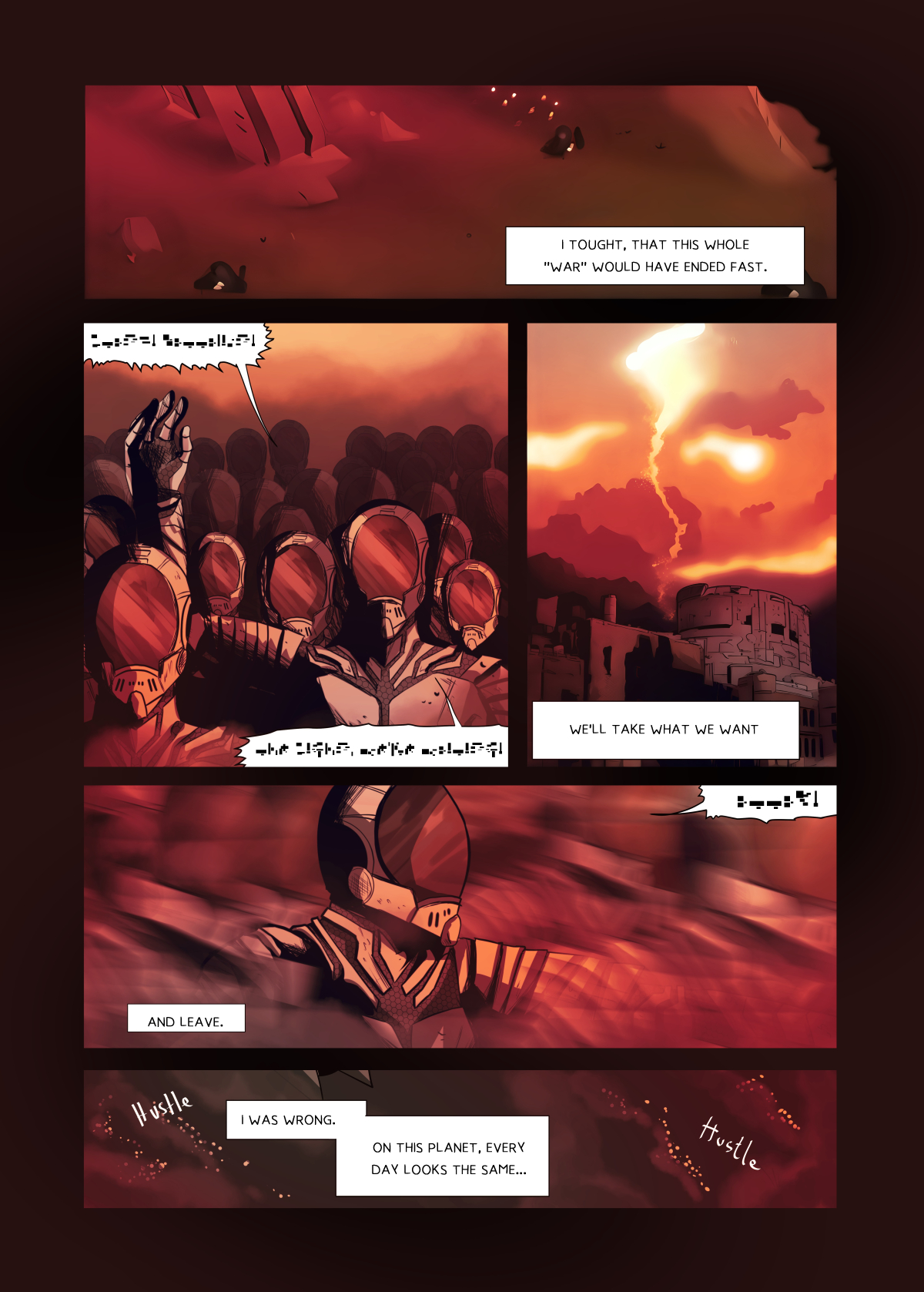 Dynamic panels showing an army of soldiers in futuristic armor and helmets with red visors. Explosions and burning buildings against a red sky in the background. Text about a war that was supposed to end quickly.