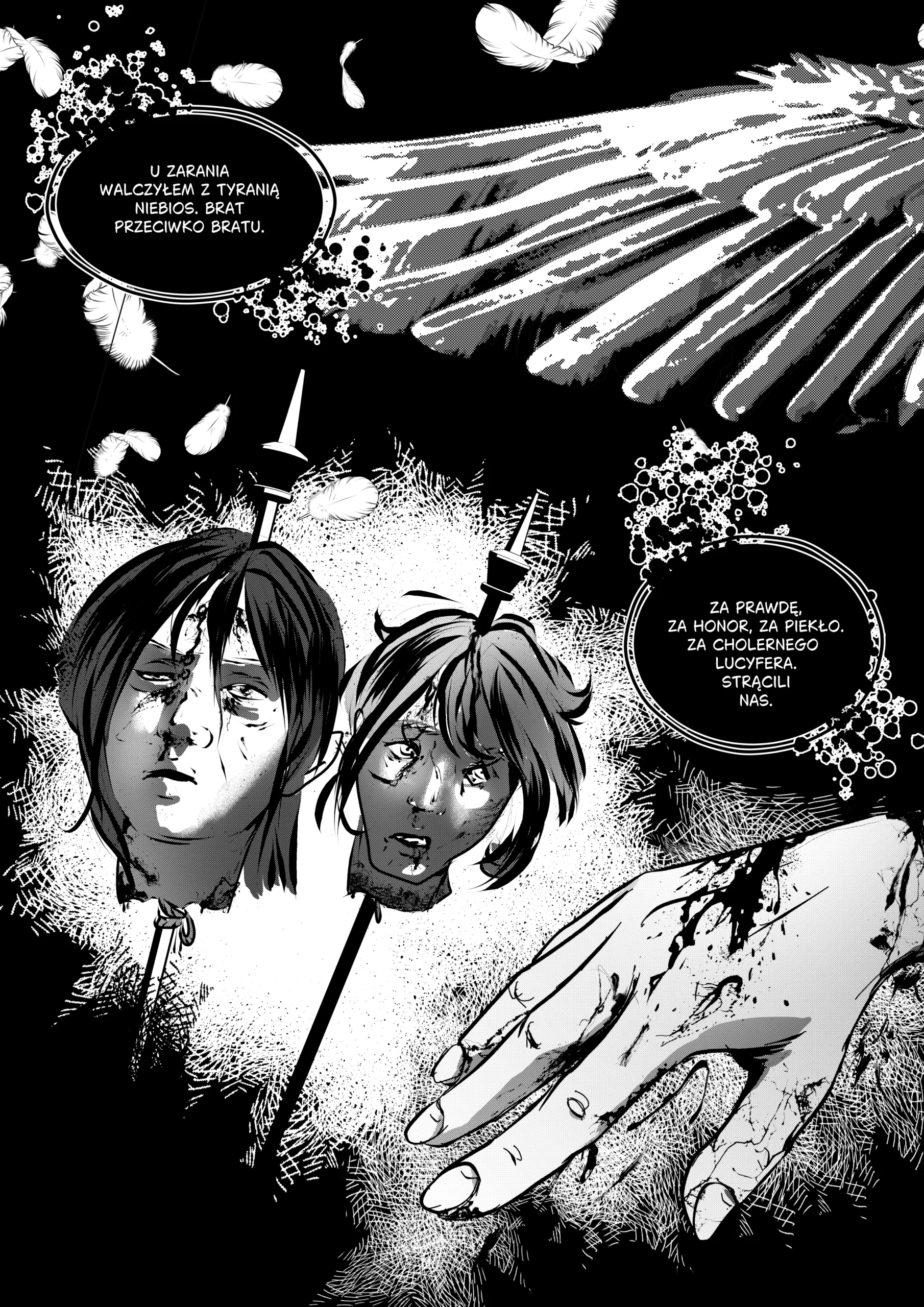 Czarno-biała plansza komiksowa w stylu mrocznego fantasy. Na pierwszym planie widać zakrwawioną dłoń, a w tle dwie odcięte głowy nabite na pale. Nad nimi góruje potężne, pierzaste skrzydło, z którego sypią się białe pióra. Całość utrzymana w dramatycznym, kontrastowym stylu z widocznymi dymkami narracyjnymi o braterskiej walce i upadku z niebios.