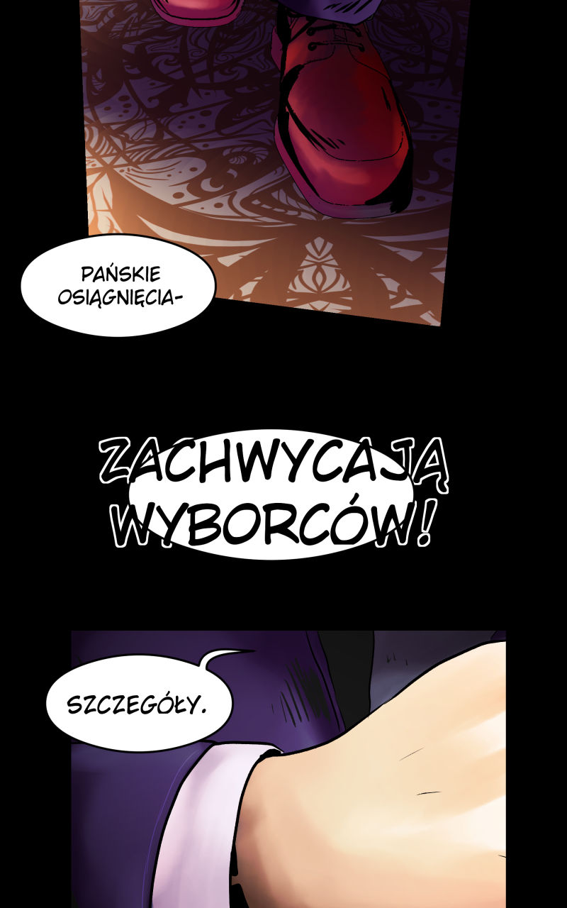 Kolejna strona webtoona "Election Echoes Love". Na górze zbliżenie na nogi Kazuo w bordowych półbutach na tle ozdobnej posadzki. Środkowy kadr to czarne tło z dynamicznymi dymkami. Na dole zbliżenie na dłoń Kazuo w fioletowym rękawie garnituru z białym mankietem koszuli. Treść dymków: "PAŃSKIE OSIĄGNIĘCIA–" "ZACHWYCAJĄ WYBORCÓW!" (tekst z grubym, białym obrysem na czarnym tle) "SZCZEGÓŁY." (mały dymek przy dłoni bohatera)