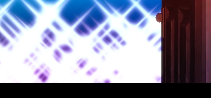 Kadr z webtoona "Election Echoes Love" przedstawiający zbliżenie na uchylone, ciężkie drewniane drzwi po prawej stronie. Dominującą część obrazu wypełnia intensywne, niemal białe światło o błękitnym zabarwieniu, z wyraźnymi promieniami i efektami lśnienia (flary), które wdziera się do ciemnego pomieszczenia. Brak tekstu i postaci, kadr skupia się na budowaniu atmosfery niepewności i przejścia do nowej sceny.