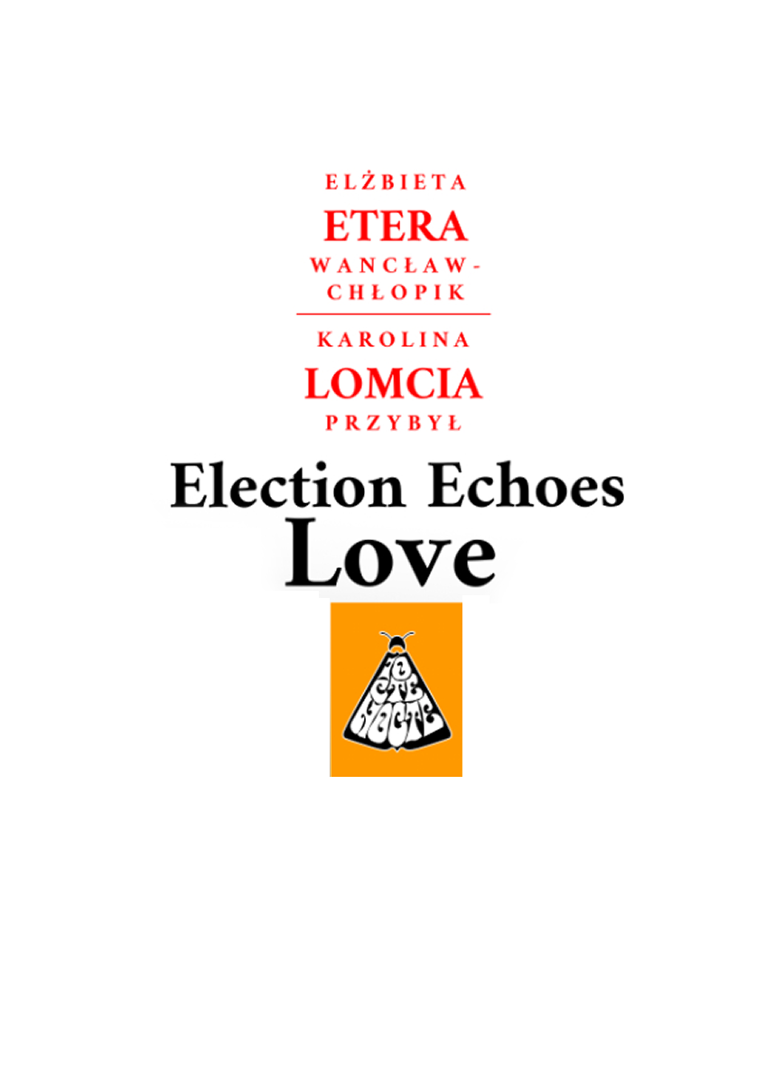 Title page of the webtoon "Election Echoes Love" by Elżbieta "Etera" Wancław-Chłopik and Karolina "Lomci" Przybył. The Iocte Nocte group logo (an orange moth icon) is centered. Above the city, a large speech bubble contains the text: "MR. KAZUO!". The bottom of the page features a bright, sun-drenched aerial view of a modern skyscraper with curved white balconies and a vibrant green rooftop garden/plaza, rendered in a warm, glowing art style with bokeh light effects.