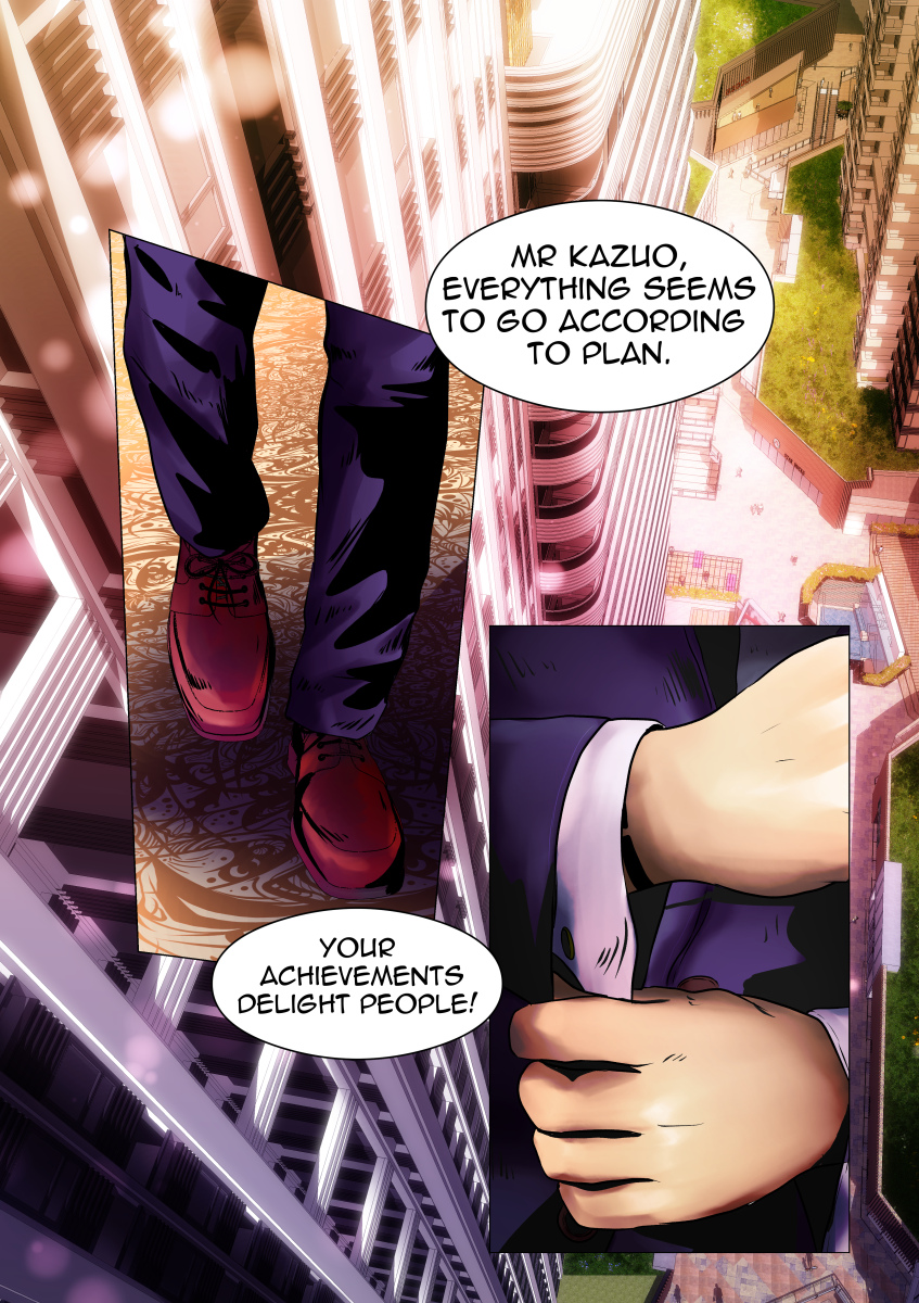A vertical webtoon panel sequence. Top panel: A close-up of Kazuo's legs in purple suit trousers and burgundy shoes walking on a golden patterned floor. Background shows a city view from above. Middle panel: A white speech bubble on a dark background. Bottom panel: A close-up of Kazuo's hands adjusting a purple suit jacket sleeve. Full Text Transcription: "MR KAZUO, EVERYTHING SEEMS TO GO ACCORDING TO PLAN." "YOUR ACHIEVEMENTS DELIGHT PEOPLE!"