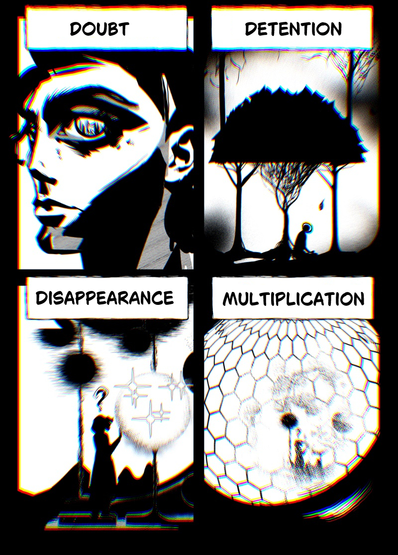 A four-panel page titled "Doubt," "Detention," "Disappearance," and "Multiplication." Features a close-up of a distressed face with detailed iris patterns and surreal, geometric structures like a giant tree and a honeycomb dome.