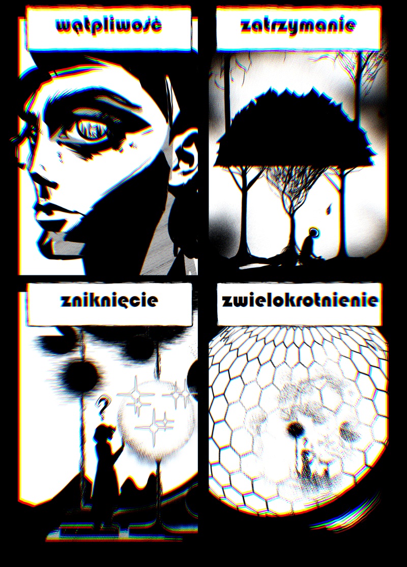Plansza komiksowa z kadrami: Wątpliwość, Zatrzymanie, Zniknięcie i Multiplikacja. Widoczny szczegółowy rysunek oka, sylwetka postaci pod surrealistycznym drzewem oraz geometryczna kopuła przypominająca plaster miodu.