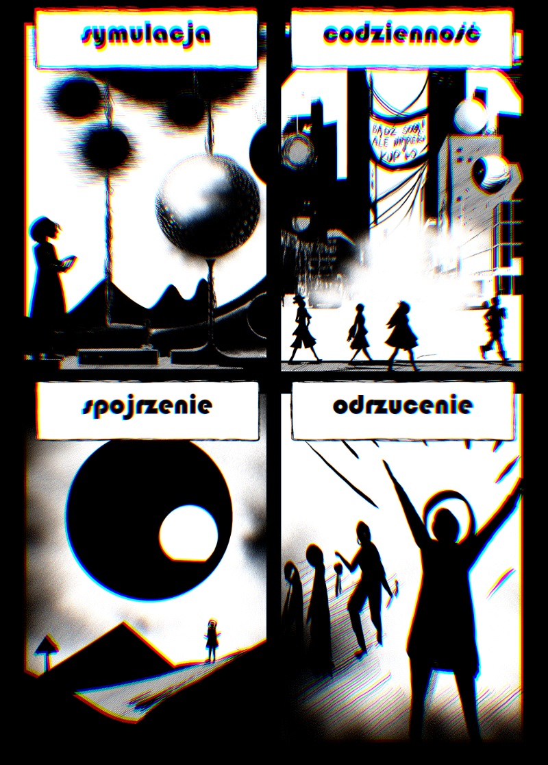 Plansza komiksowa podzielona na 4 kadry: Symulacja, Codzienność, Spojrzenie i Odrzucenie. Stylistyka czarno-biała z efektem glitch (rozszczepienie barw), przedstawiająca sylwetki postaci w dystopijnym mieście i ogromną czarną sferę.