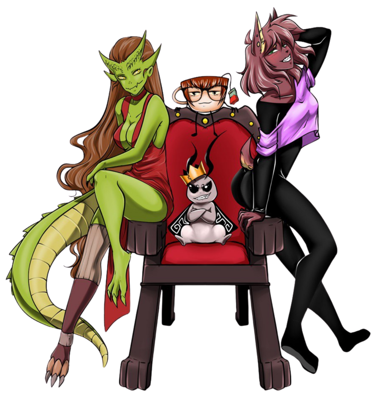 Grafika przedstawiająca założycielki Iocte Nocte: Lomcia, Etera i Sora z maskotką Ioctusiem