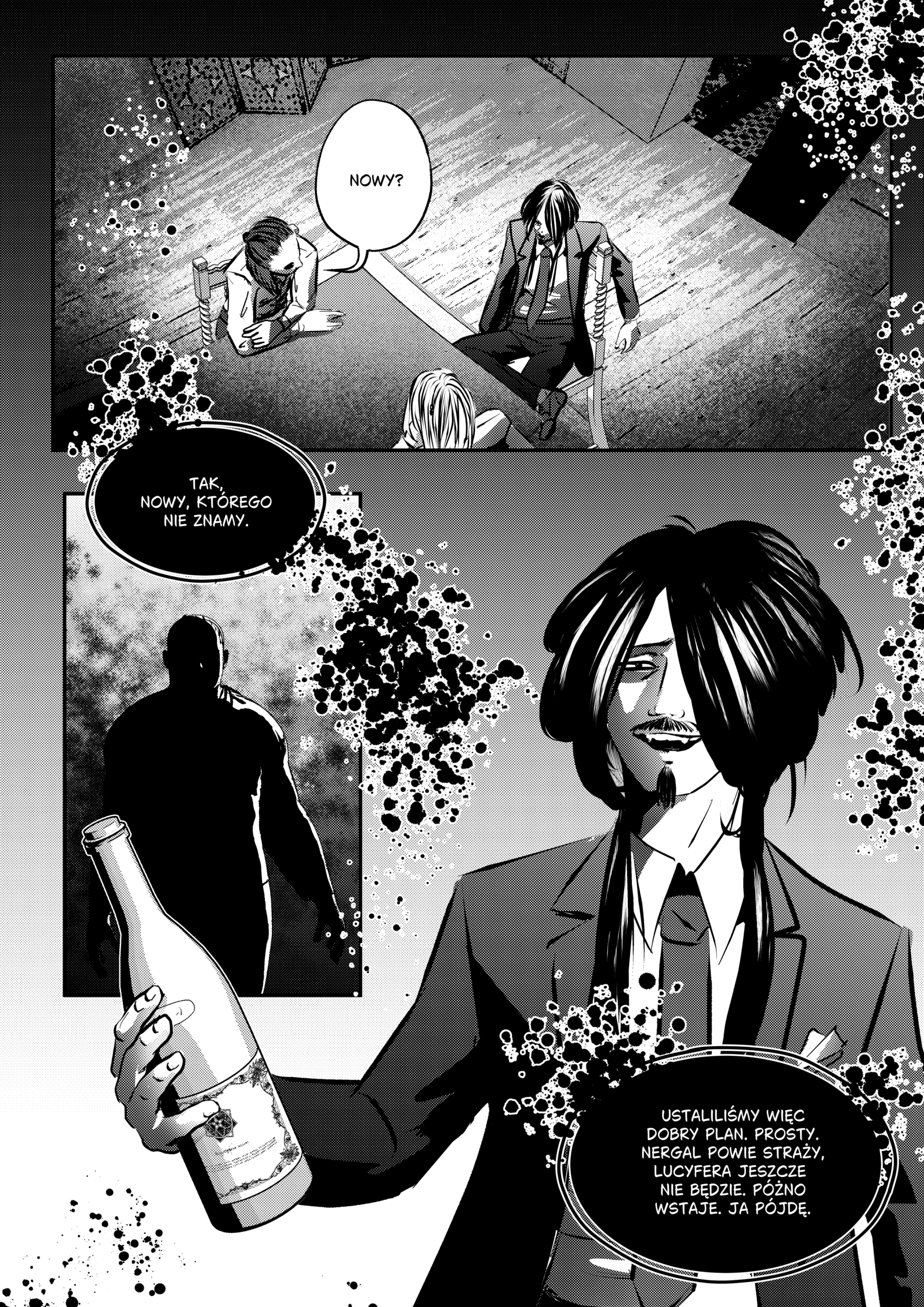 Scena w półmroku. Mefisto z długimi czarnymi włosami i charakterystyczną bródką uśmiecha się ironicznie, trzymając butelkę wina z białą etykietą. W tle widać sylwetki spiskowców naradzających się przy stole w Pokoju Strażników. Tekst w dymkach: „Nowy? – Tak, nowy, którego nie znamy. – Ustaliliśmy więc dobry plan. Prosty. Nergal powie straży, Lucyfera jeszcze nie będzie. Późno wstaje. Ja pójdę”. Widoczny silny kontrast światłocienia (chiaroscuro).