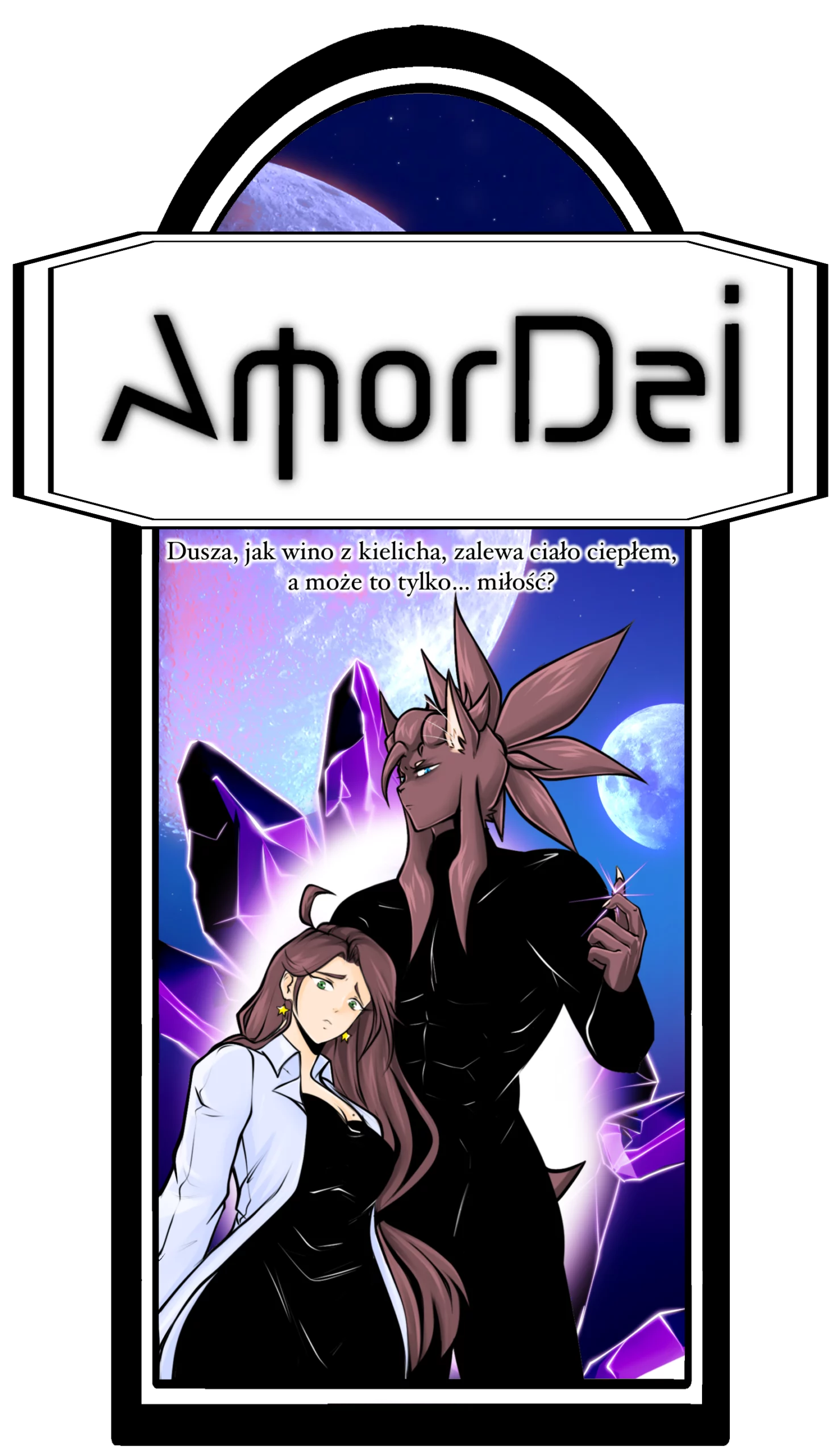 Pionowy baner komiksu „Amor Dei” przedstawiający kobietę w białym kitlu lekarskim stojącą obok wysokiego, umięśnionego mężczyzny o brązowej skórze i nietypowej, przypominającej płatki fryzurze. Postacie znajdują się na tle gwieździstego nieba, wielkiego księżyca i ostrych, fioletowych kryształów. Nad nimi widnieje napis o duszy i miłości.