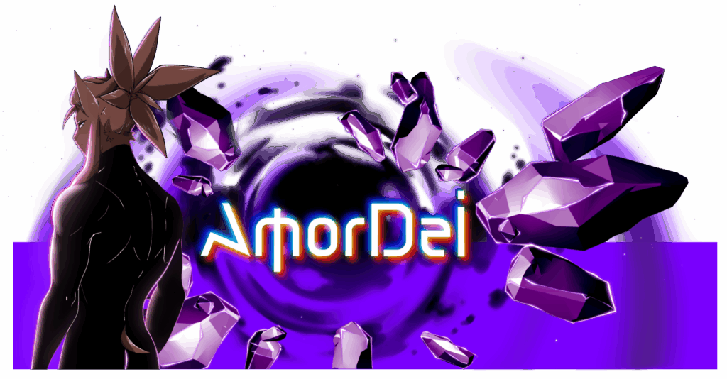 Set tyłem na tle fioletowych kryształów, AmorDei Iocte Nocte, kosmiczne dark fantasy, bóstwa i kryształy.