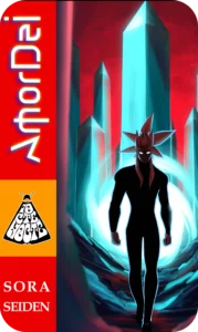 Baner Amor Dei. Czarna sylwetka postaci na tle błękitnych obelisków i czerwonego nieba. Styl space fantasy webtoon.