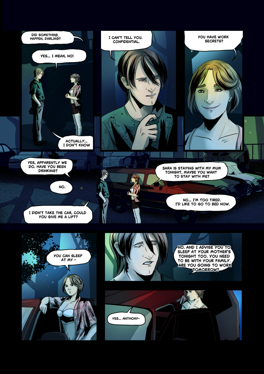 A digital comic page with a moody, cinematic "neon noir" aesthetic. The scene takes place at night in a parking lot crowded with cars. Anthony, a man with lanky dark hair wearing a teal t-shirt with small ghost prints, looks away nervously. Lidia, a woman with a blonde bob, wearing a white bra-top and a loose pink patterned shirt, tries to engage him in conversation. The lighting is dominated by deep blues and sharp yellow highlights. Full dialogue transcription: Lidia: "Did something happen, darling?" Anthony: "Yes... I mean, no! Actually... I don't know." Anthony: "I can't tell you. Confidential." Lidia: "You have work secrets?" Anthony: "Yes, apparently we do. Have you been drinking?" Lidia: "No. I didn't take the car, could you give me a lift?" Lidia: "Sara is staying with my mum tonight, maybe you want to stay with me?" Anthony: "No... I'm too tired. I'd like to go to bed now." Lidia: "You can sleep at my -" Anthony: "No. And I advise you to sleep at your mother's tonight too. You need to be with your family. Are you going to work tomorrow?" Anthony: "Yes... Anthony-"