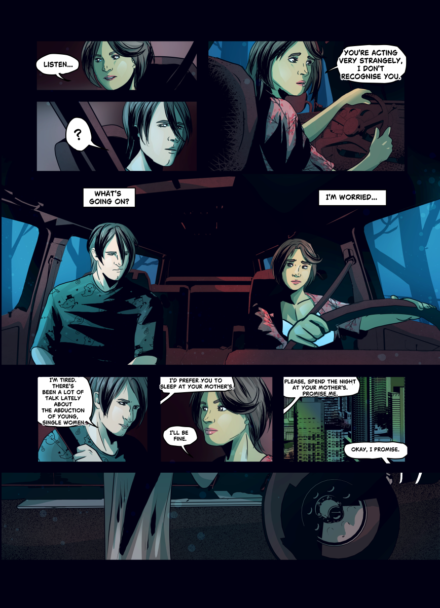 Digital comic page focusing on the interior of a car at night. The panels use high-contrast lighting with blue shadows and red dashboard glows. Lidia is seen driving, looking concerned and skeptical. Anthony sits in the passenger seat, staring ahead with a grim expression. The final panel shows a wide shot of a glowing city skyline and a close-up of a car tire on the asphalt. Full dialogue transcription: Lidia: "Listen..." Anthony: "?" Lidia: "You're acting very strangely, I don't recognise you." Thought Bubble (Lidia): "What's going on? I'm worried..." Anthony: "I'm tired. There's been a lot of talk lately about the abduction of young, single women." Lidia: "I'll be fine." Anthony: "I'd prefer you to sleep at your mother's." Anthony: "Please, spend the night at your mother's. Promise me." Lidia: "Okay, I promise."