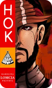 Pionowa okładka HOK. Zbliżenie na twarz mężczyzny z brodą i blizną pod okiem na tle czerwonego nieba. Styl military sci-fi.