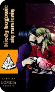 Okładka opowiadania fanfika Kiedy bogowie się rumienią. Ciemnowłosy mężczyzna obejmuje blond elfa w czerwonej koszuli.