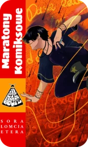 Okładka Maratony Komiksowe. Dynamiczna postać w skoku na jaskrawym, pomarańczowym tle. Styl akcja/shounen.