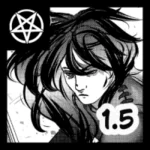 Czarno-biała ilustracja w stylu polska manga, przedstawiająca Belzebuba. Postać ma gęste, ciemne, potargane włosy i zmęczone, podkrążone oczy, co sugeruje jego niestabilny stan psychiczny. Belzebub ma na sobie ciężką, ciemną zbroję z widocznymi elementami metalowych płyt i nitów, co kontrastuje z nowoczesnymi garniturami innych postaci. Tło jest jasne, z delikatnymi efektami cząsteczek lub pyłu. W lewym górnym rogu znajduje się biały pentagram w czarnym kwadracie, a w prawym dolnym rogu widnieje numer "1.5". Stylistyka noir z wyraźnym rastrowaniem.