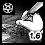 Szczegółowa, czarno-biała ilustracja w stylu manga noir. Kadr typu close-up przedstawia dłoń Ottona trzymającą pióro z ptasim piórem, którym postać nanosi poprawki lub podpisuje dokumenty na biurku. Widoczny fragment papieru z tabelami sugeruje zbiurokratyzowany charakter Piekła. W lewym górnym rogu znajduje się biały symbol pentagramu w czarnym kwadracie, a w prawym dolnym rogu biały numer "1.6" z czarnym obrysem. Stylizacja wykorzystuje profesjonalne rastry (screentone) i wysoki kontrast, charakterystyczny dla polskich komiksów niezależnych.