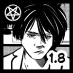 Czarno-biała miniatura w stylistyce anime style art przedstawiająca Rimmona. Postać ma krótkie, ciemne włosy z opadającą na czoło grzywką i zmęczone, niemal pogardliwe spojrzenie, co wpisuje się w klimat seinen manga polska. Rimmon ubrany jest w jasną marynarkę, a kadr podkreśla jego znużenie biurokracją Piekła. W lewym górnym rogu widnieje biały pentagram w czarnym kwadracie, a w prawym dolnym rog numer "1.8". Tło jest oszczędne, z delikatnym rastrowaniem, typowym dla profesjonalnych webkomiksów.