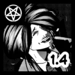 Czarno-biała ilustracja w stylu polska manga i neon noir. Na pierwszym planie Mefisto, bóg wspomnień ukryty w powłoce Andrielacha, przedstawiony w radosnym, wręcz demonicznym śmiechu z głową odchyloną do tyłu. Ma długie, czarne, lśniące włosy, które wydają się poruszać. Ubrany jest w elegancki, ciemny garnitur w prążki oraz jasną koszulę. Tło jest ciemne z promienistym gradientem wokół głowy postaci. W lewym górnym rogu widnieje biały symbol pentagramu w kole, a w prawym dolnym rog numer części "1.4". Wyraźne cieniowanie i technika rastrowania nadają całości profesjonalny, komiksowy sznyt.