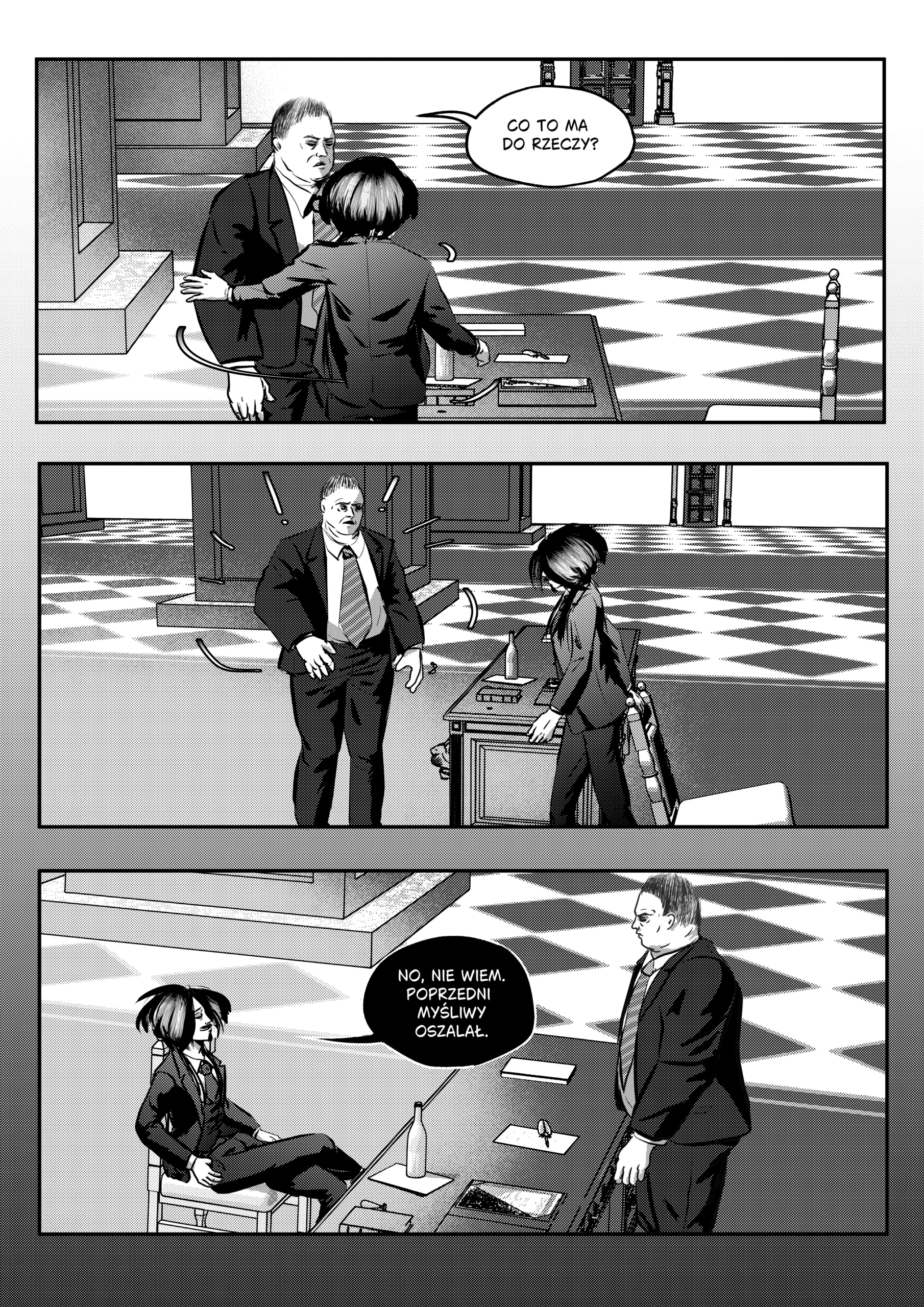 Plansza z webkomiksu wykonana w technice czarno-białej z wyraźnym rastrowaniem, stylizowana na mangę. Pierwszy kadr: Otto odsuwa się od Mefista, pytając z irytacją: „Co to ma do rzeczy?”. Środkowy panel: szeroki plan na salę tronową o posadzce w szachownicę. Mefisto przechodzi pewnym krokiem obok biurka, na którym stoi butelka wina, a Otto stoi nieruchomo, patrząc za nim. Dolny kadr: Mefisto rozsiada się wygodnie na krześle, zakładając nogę na nogę. Z demonicznym uśmiechem rzuca: „No, nie wiem. Poprzedni Myśliwy oszalał”. Piekło to demony, a demony potrzebują lidera, który rozumie zasady gry. Sprawdź, co planuje Mefisto.