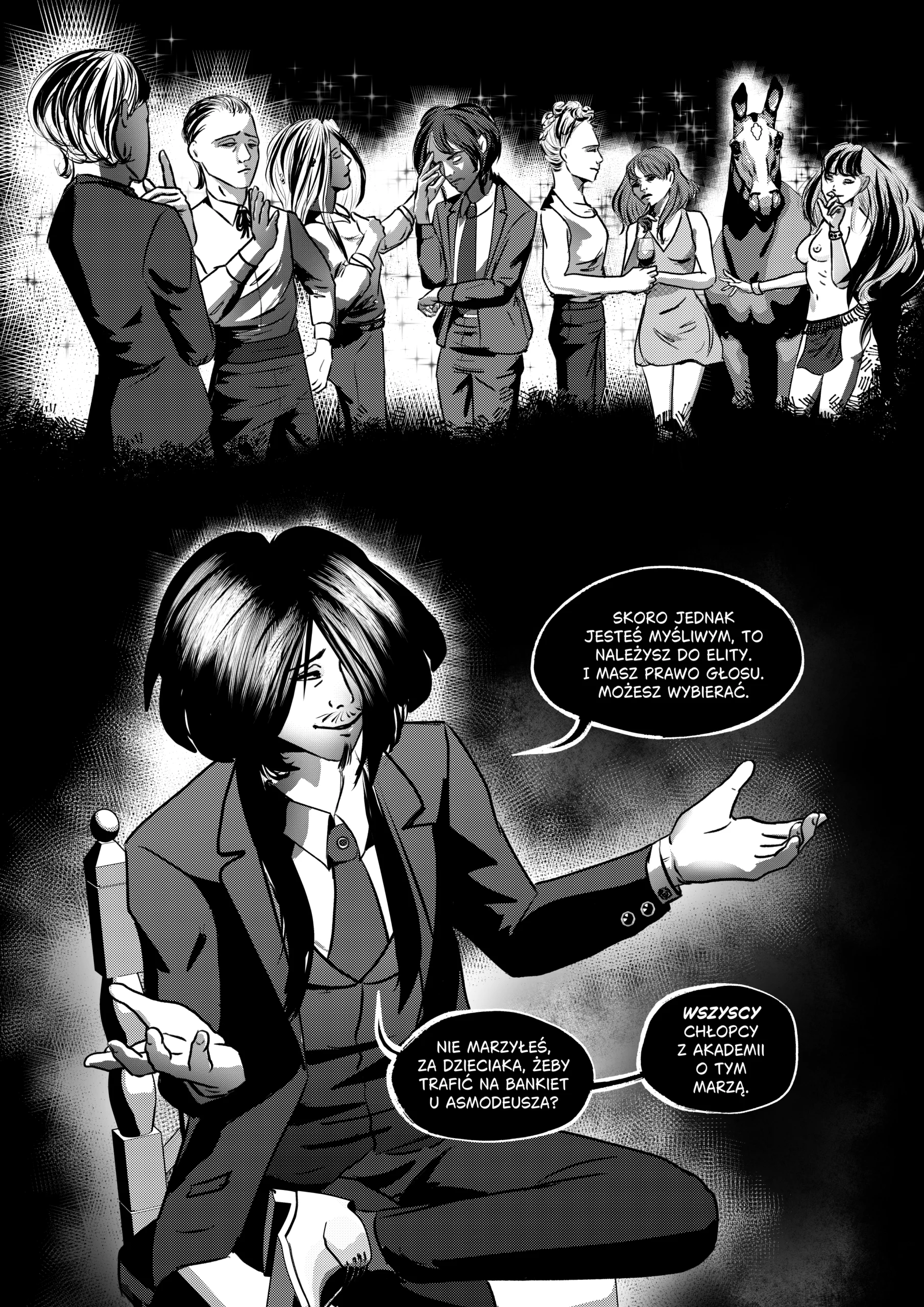 Plansza z webkomiksu w estetyce mangi z silnym kontrastem i rastrowaniem. Górny panel przedstawia oniryczną, rozświetloną wizję bankietu: rząd postaci w eleganckich strojach, kobietę z kieliszkiem wina, a nawet konia w luksusowej uprzęży. Postacie wydają się bawić i rozmawiać w blasku świateł. Dolny panel pokazuje Mefista siedzącego pewnie na krześle, z nogą założoną na nogę i otwartymi dłońmi w zapraszającym geście. Tekst w dymkach: „Skoro jednak jesteś Myśliwym, to należysz do elity. I masz prawo głosu. Możesz wybierać. Nie marzyłeś, za dzieciaka, żeby trafić na bankiet u Asmodeusza? Wszyscy chłopcy z akademii o tym marzą”. Piekło to demony, a demony potrzebują lidera, który rozumie zasady gry. Sprawdź, co planuje Mefisto.