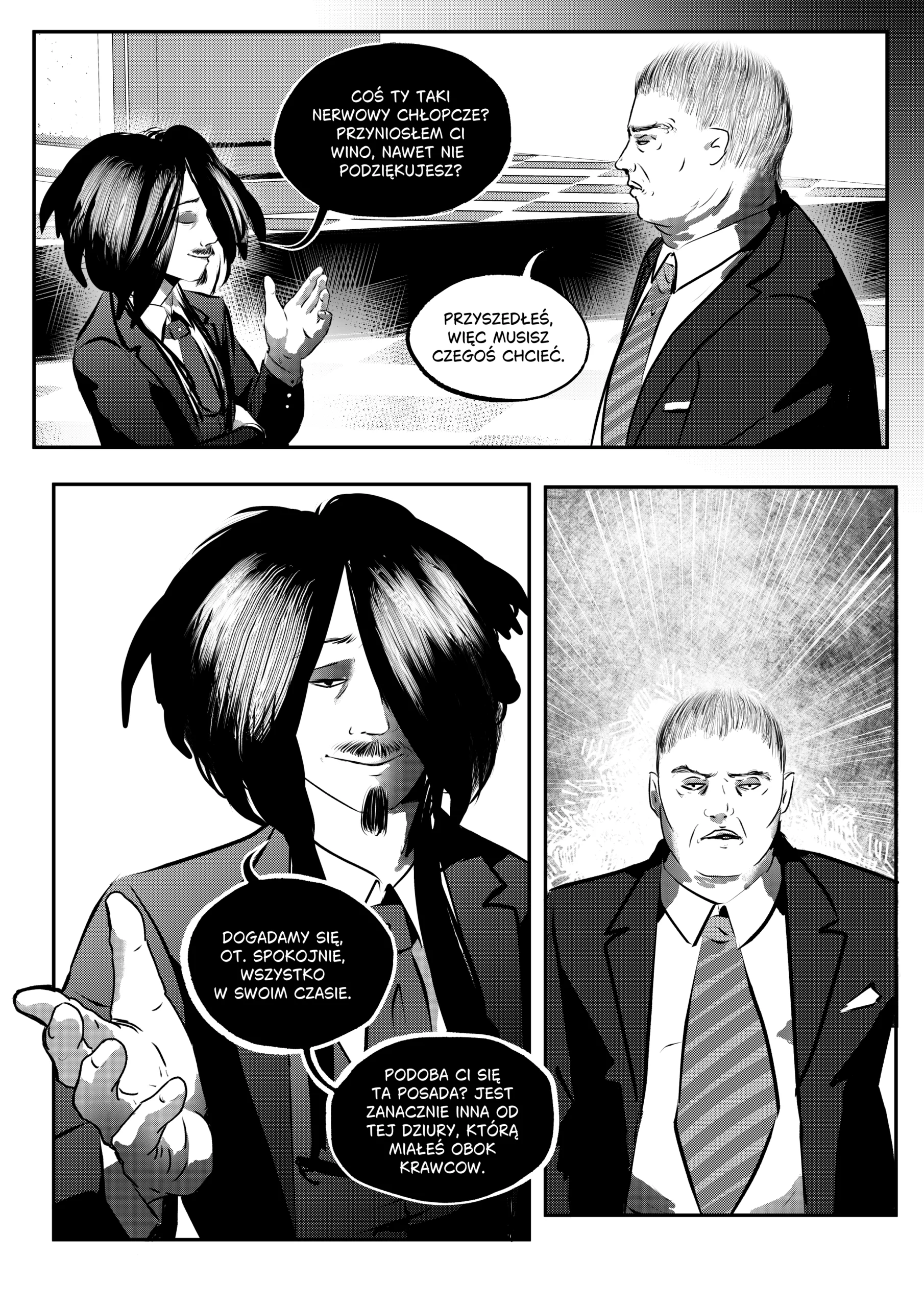 Czarno-biała plansza z webkomiksu utrzymana w estetyce mangi z silnym cieniowaniem i rastrami. Górny kadr: profil Mefista z przymkniętymi oczami i demonicznym uśmiechem, który mówi: „Coś ty taki nerwowy chłopcze? Przyniosłem ci wino, nawet nie podziękujesz?”. Otto odpowiada z powagą: „Przyszedłeś, więc musisz czegoś chcieć”. Dolny, duży panel: Mefisto z otwartą dłonią w geście pozornej szczerości: „Dogadamy się, Ot. Spokojnie, wszystko w swoim czasie. Podoba ci się ta posada? Jest znacznie inna od tej dziury, którą miałeś obok krawców”. Piekło to nie tylko sala tronowa, to system. Zobacz, jak Mefisto przypomina Ottonowi o jego miejscu w szeregu.