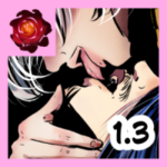 Bardzo bliskie ujęcie (extreme close-up) w stylu neon noir przedstawiające intymną i toksyczną interakcję między dwoma bohaterami. Andrielach, jasnowłosy Książę Ciemności, pochyla się nad Mefisto, niemal dotykając ustami jego czoła lub powiek w geście zaborczej czułości. Mefisto, o czarnych włosach, ma zamknięte oczy, a na jego twarzy maluje się mieszanka poddania i wewnętrznego napięcia. Dłoń Andrielacha o długich palcach władczo podtrzymuje podbródek Mefisto, wymuszając bliskość. Grafika utrzymana jest w estetyce wysokiego kontrastu z dominacją czerni i bieli, przełamanej różowym tłem oraz krwistoczerwoną różą w górnym rogu. W dolnym rogu widoczny wyraźny, biały numer "1.3".