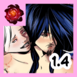 Kadr w stylu neon noir przedstawiający Mefisto i Andrielacha w bliskim, niepokojącym kontakcie fizycznym. Jasnowłosy Andrielach (Książę Ciemności) znajduje się za plecami Mefisto, obejmując go i szepcząc mu do ucha z drapieżnym, manipulacyjnym uśmiechem. Mefisto, czarnowłosy demon o zmęczonym spojrzeniu, ma spuszczony wzrok, a na jego twarzy maluje się rezygnacja i emocjonalne wyczerpanie (rola ofiary). Na odsłoniętym ramieniu Mefisto widoczne są czerwone ślady (zadrapania lub ugryzienia), podkreślające przemocowy charakter ich relacji. Stylistyka oparta na wysokim kontraście, z dominacją czerni i bieli, przełamana różowym tłem, krwistą różą w rogu oraz numerem "1.4".