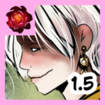 Zbliżenie (profile shot) na twarz Andrielacha, jasnowłosego Księcia Ciemności i Wszechmogącego, o mrocznej, neon-noir estetyce. Bohater ma białe, lśniące włosy i nosi ozdobny, złoty kolczyk z perłą, co podkreśla jego status i bogactwo w świecie biurokratycznej elegancji. Na jego twarzy maluje się wyrachowany, lekko kpiący uśmiech, a oczy są przymrużone, sugerując satysfakcję z udanej manipulacji. Tło jest zamglone, zielonkawo-złote, co kontrastuje z różową ramką miniatury i krwistoczerwoną różą w górnym lewym rogu. W prawym dolnym rogu widnieje białe oznaczenie „1.5”. Stylistyka łączy wysokokontrastowy kontur z miękkim cieniowaniem policzków.