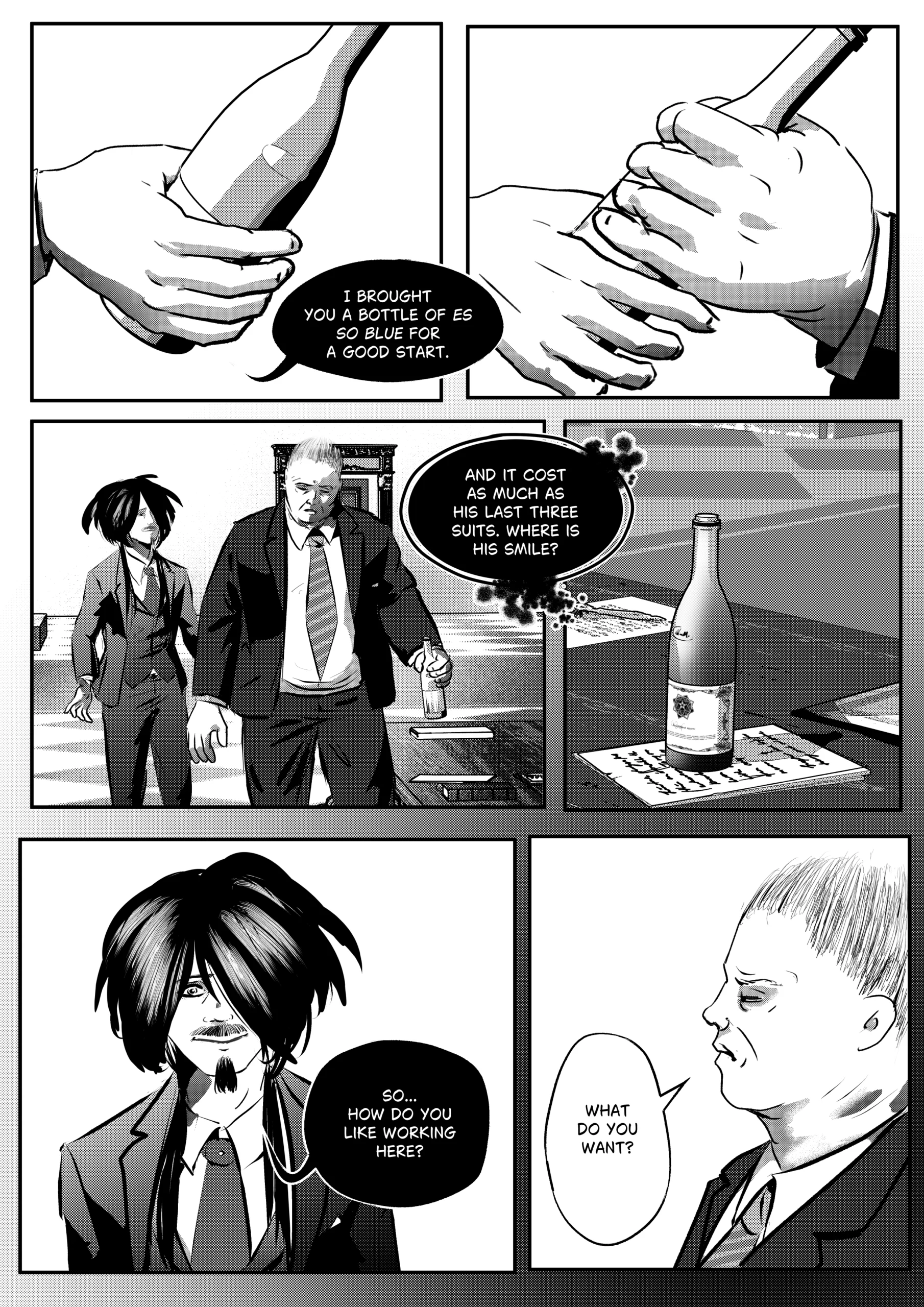 A black-and-white comic page with high-contrast ink and screentone shading. Top Panels: Close-ups of two hands holding and examining a sleek wine bottle with a detailed vintage label. Middle Panel: A medium shot of Mephisto (dark hair, suit) walking behind Otto (burly man, grey suit) in a corporate office setting. A bottle of wine sits prominently on a desk covered in paperwork. Bottom Panels: A split-screen effect. On the left, a close-up of Mephisto with a smug, knowing smile and long dark hair covering one eye. On the right, a profile shot of Otto looking weary and annoyed, his eyes closed in frustration. Full Dialogue Transcription: Mephisto (Top): "I brought you a bottle of ES SO BLUE for a good start." Mephisto (Middle - Thought): "And it cost as much as his last three suits. Where is his smile?" Mephisto (Bottom Left): "So... how do you like working here?" Otto (Bottom Right): "What do you want?"