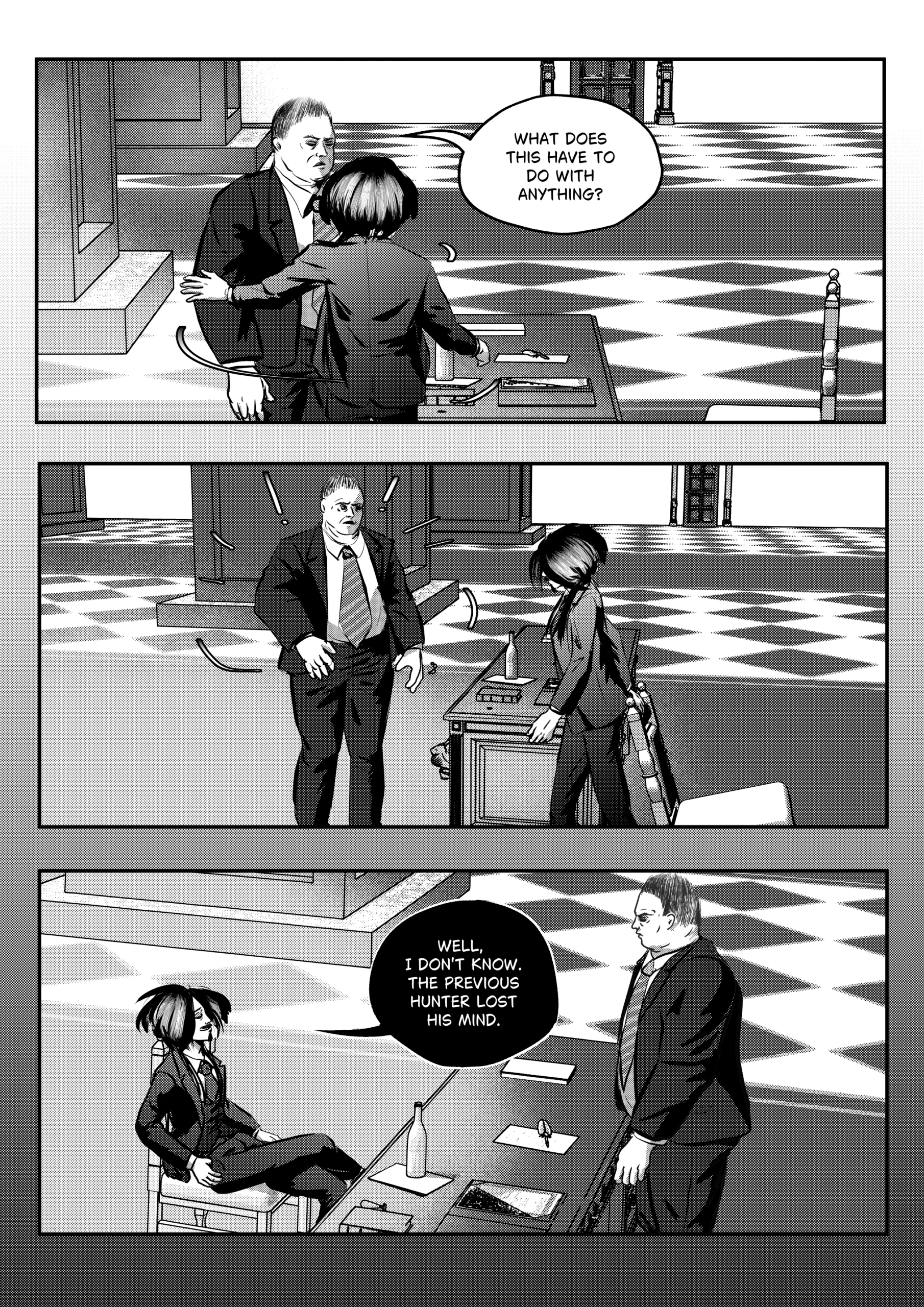 A three-panel black-and-white comic page from "Mephisto: His Majesty the Black Eminence." The scene takes place in a grand, checkered-floor administrative hall of Hell. Top Panel: A wide shot showing Mephisto leaning over a desk, invading Otto's personal space. Mephisto's long dark hair flows as he talks to the stoic, larger man. Middle Panel: Mephisto stands up and turns away from the desk, while Otto stands frozen, looking startled or confused. Papers and a wine bottle sit on the desk between them. Bottom Panel: Mephisto sits casually in a chair, legs crossed, with a relaxed and arrogant posture. He looks up at Otto, who remains standing. The hall behind them is vast, with towering pillars and an empty, cold atmosphere. Full Dialogue Transcription: Otto (Top): "What does this have to do with anything?" Mephisto (Bottom): "Well, I don't know. The previous Hunter lost his mind."