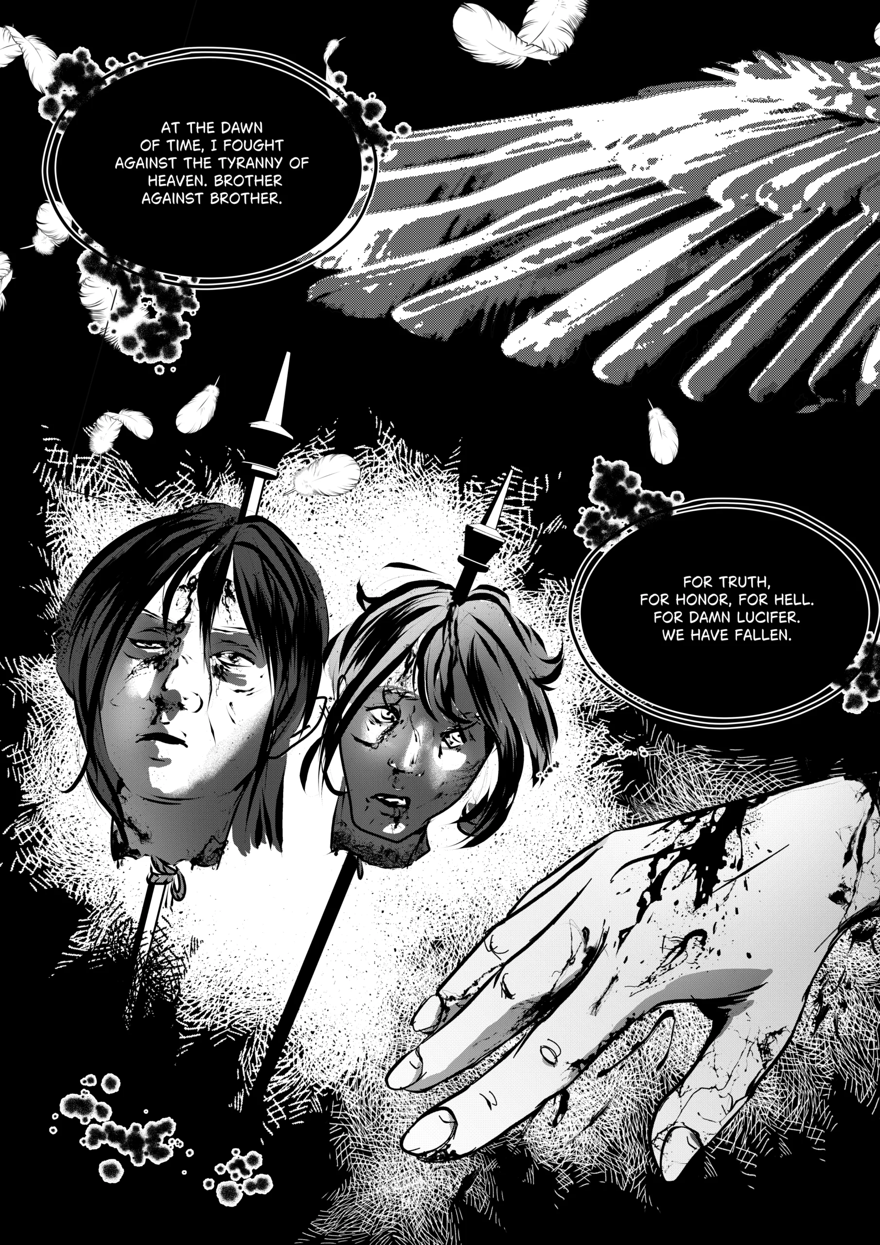 A haunting high-contrast black-and-white comic page from "Mephisto: His Majesty the Black Eminence." The scene depicts the aftermath of a celestial war with a grim chiaroscuro ink aesthetic. Two severed heads of youthful fallen angels are impaled on long metal pikes in the center, their faces marked by grime and exhaustion. A large, feathered wing enters from the top right, with loose feathers floating in a pitch-black void. In the bottom right corner, a pale, blood-stained hand reaches out in a gesture of despair. Dialogue Transcription: "At the dawn of time, I fought against the tyranny of Heaven. Brother against brother." "For truth, for honor, for Hell. For damn Lucifer. We have fallen."