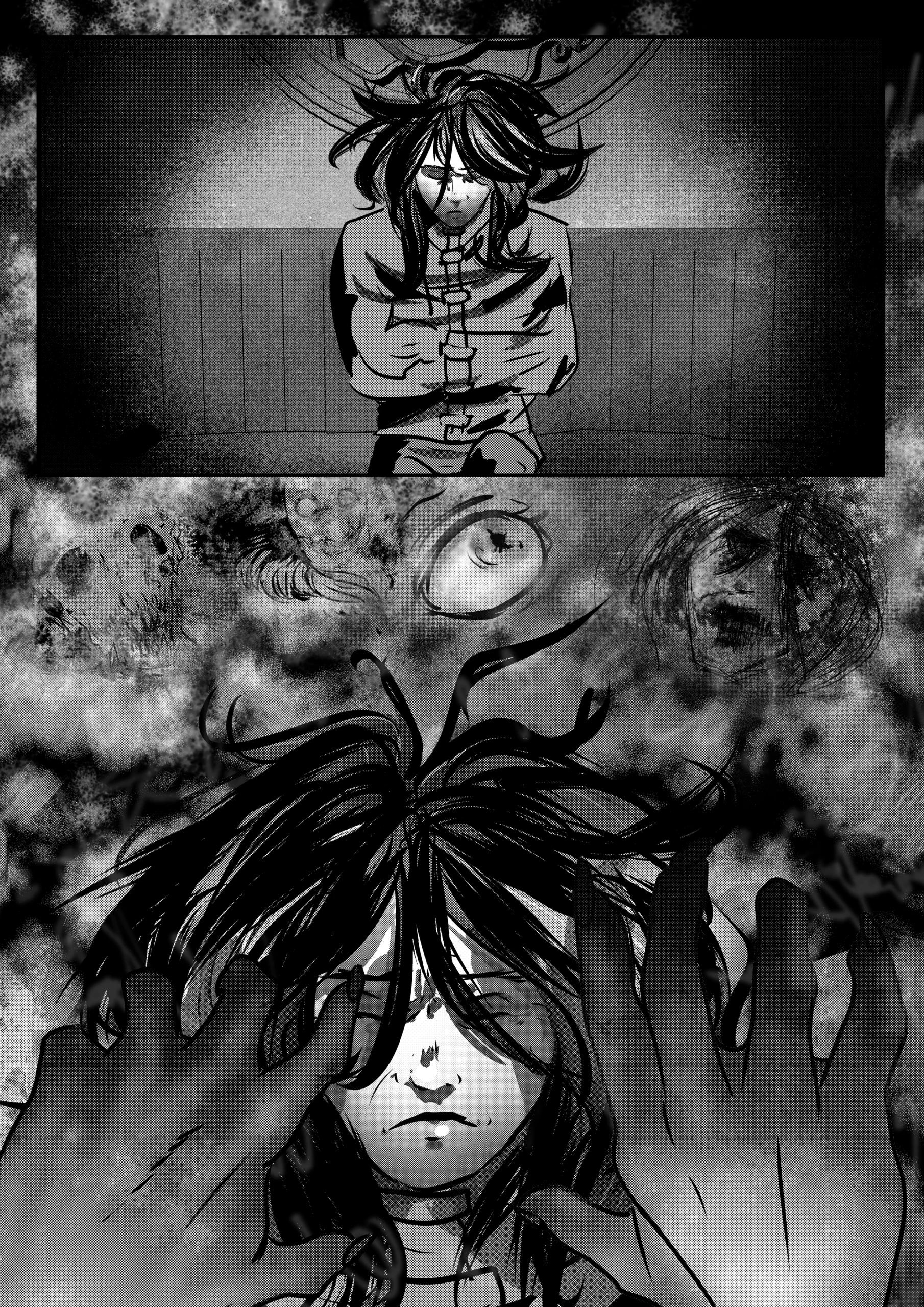 Visual Content and Narrative Context: A psychological panel from Chapter 1 of the Mephisto comic, showing the distorted mental state of a long-haired man. The page visually interprets the internal turmoil of a character who may be under intense pressure, following a high-stakes deal. Top Panel: A detailed view of a long-haired man sitting on a wooden bench in a confined, possibly medical or institutional, setting. He is in a straitjacket, suggesting confinement and instability. In the background, there is an intricately detailed, multi-headed creature and two skeletal hands forming a circular seal, with the text "SIGNAM APOCALYPSIS" (Signs of the Apocalypse) and the numbers "II," "VI," "IV," and "I," indicating a connection to apocalyptic themes. Middle Panel: This panel shows a blurred and distorted collage of nightmarish images, including a central eye and two shadowy figures: one appears to have horns and the other is a distorted, screaming face. The overall effect is one of hallucinations and psychological distress. Bottom Panel: A large close-up of the man's face from the nose up. His eyes are wide with an expression of fear and shock. A prominent, stylized scar is visible on his forehead. This image is overlaid with larger, shadowy hands with claw-like fingers, further emphasizing the feeling of being overwhelmed and threatened by forces from within.
