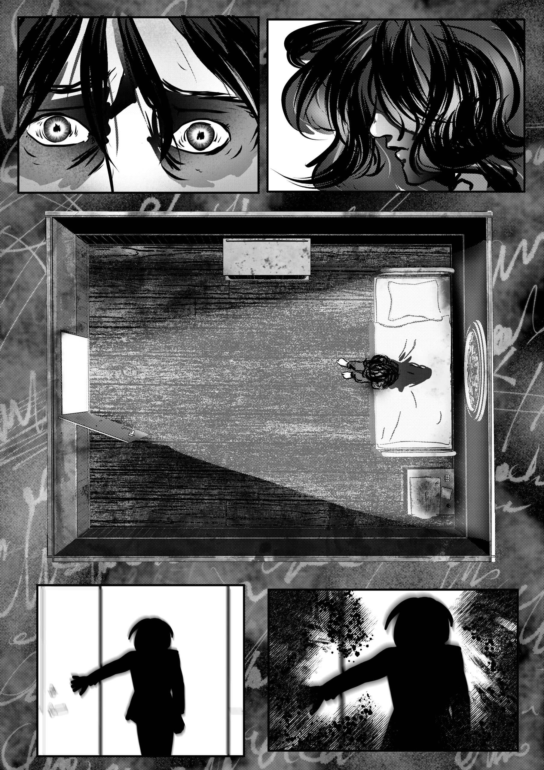 Visual Content and Narrative Context: A dramatic black-and-white comic page depicting a visit to a prisoner. Top Panels: Two close-ups of the prisoner, the Hunter of Hell. The left shows his eyes wide with shock and fear; the right shows his head bowed, hair covering his face. Central Panel: A top-down bird's-eye view of a sparse, rectangular cell. The Hunter sits on a small bed on the right. A door on the left has just opened, casting a long, sharp shadow of a figure across the floor. Bottom Panels: Two silhouette shots of Mephisto (The Black Eminence) entering the room. He reaches for the door handle in the first and stands framed by the light in the second, his presence looming over the confined Hunter.